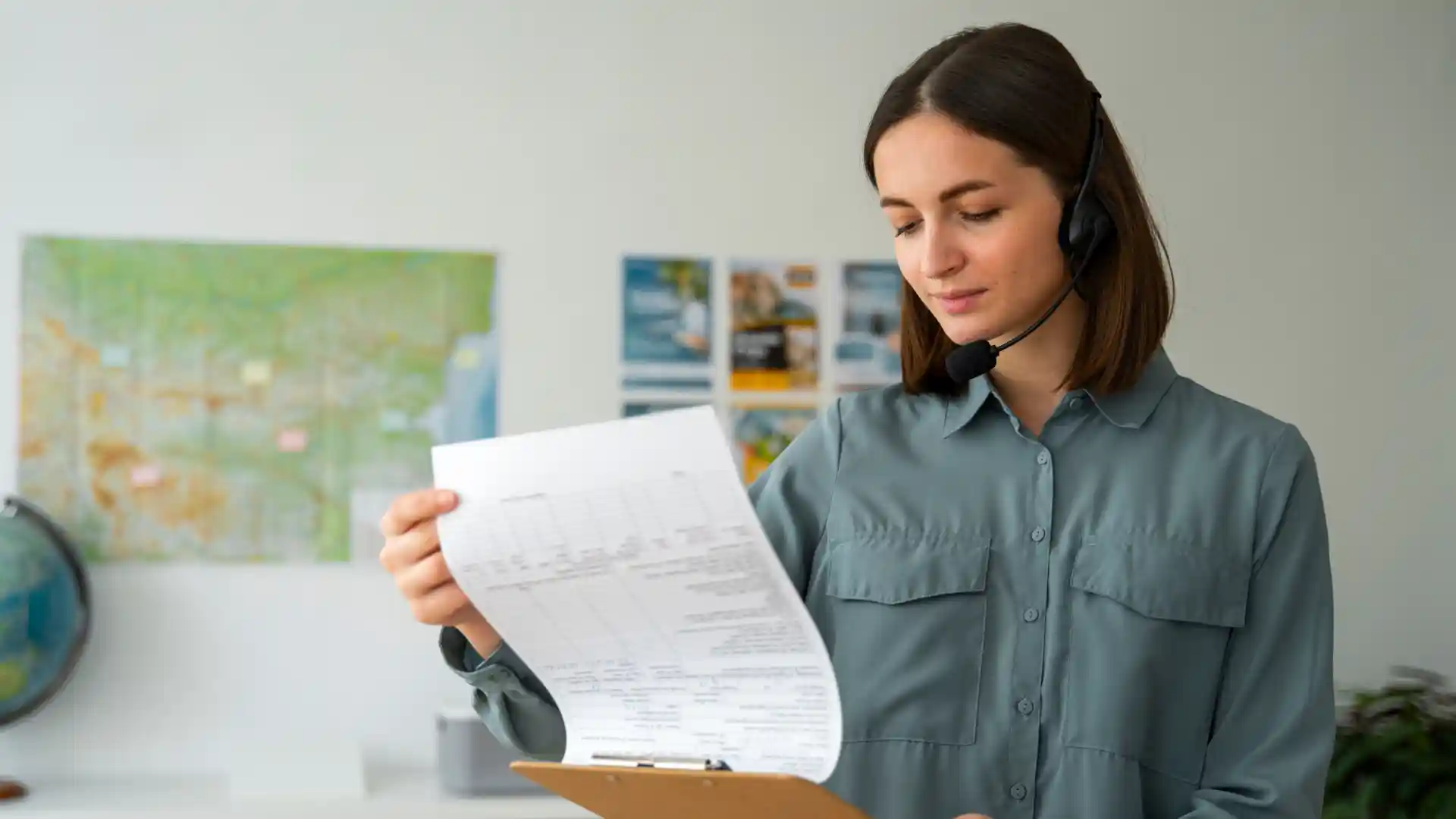 An office professional wearing a headset while reviewing an aircraft maintenance document on a clipboard.