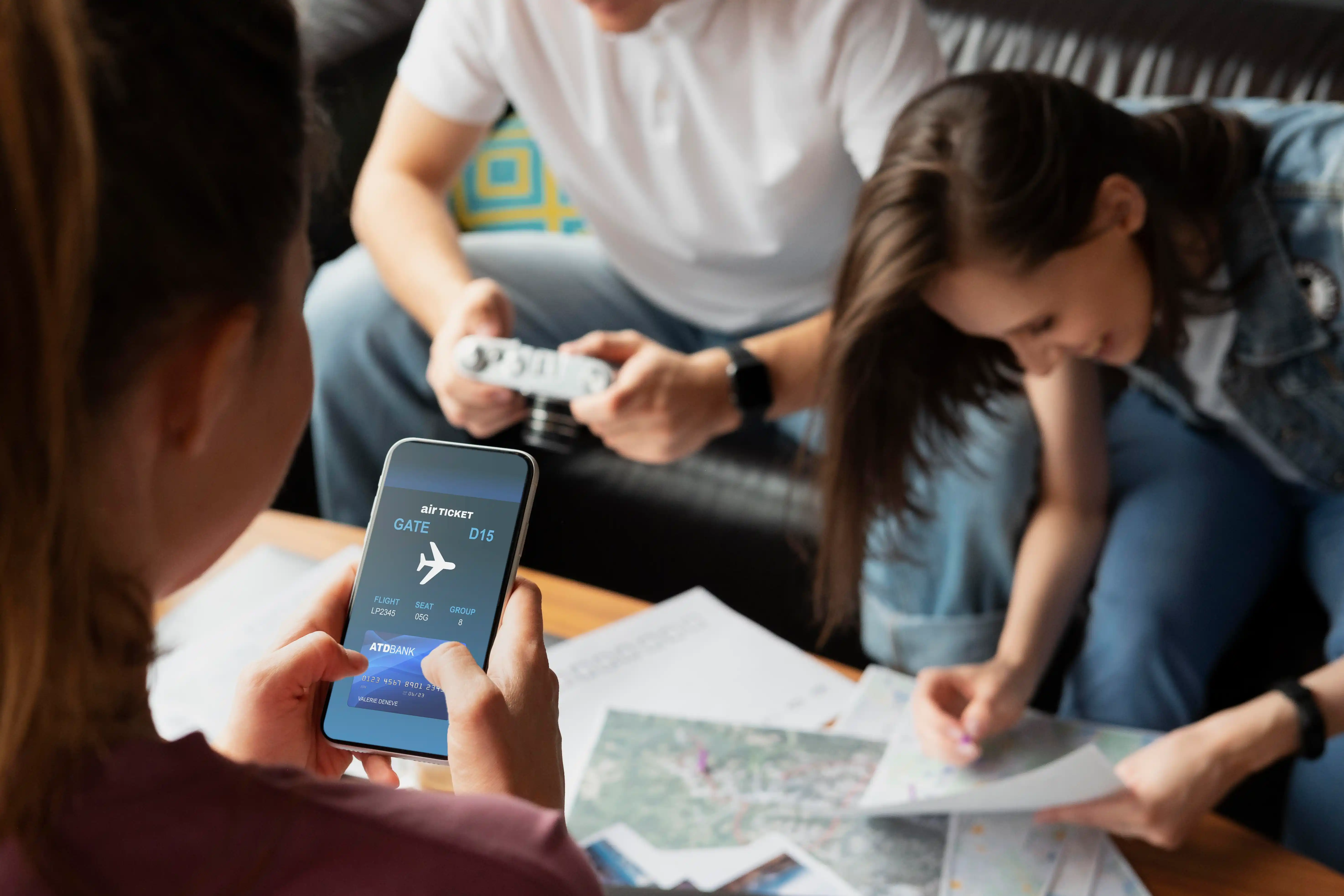  A group of people review a flight route on paper maps and an app. 