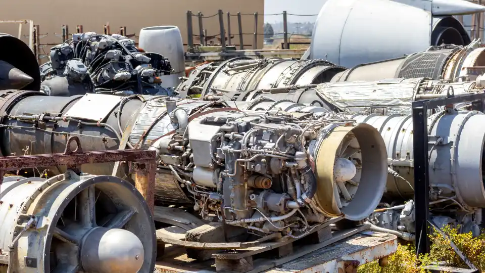 Assorted aircraft engines and parts are stored for inspection, traceability, or reuse in maintenance operations.