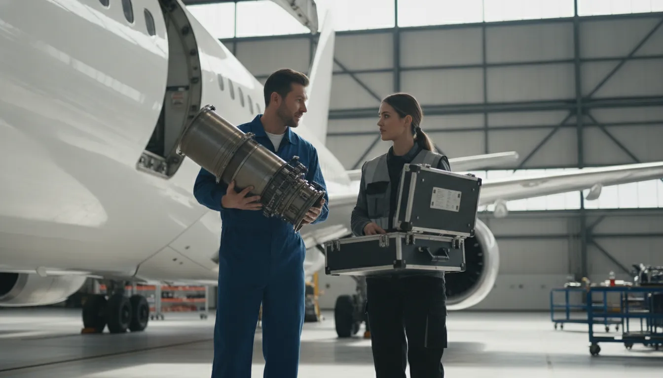 Maintenance engineer and inventory specialist coordinating an aircraft component handoff