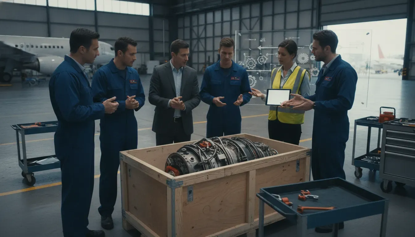 Aviation maintenance and software teams coordinating a rollout around an aircraft component