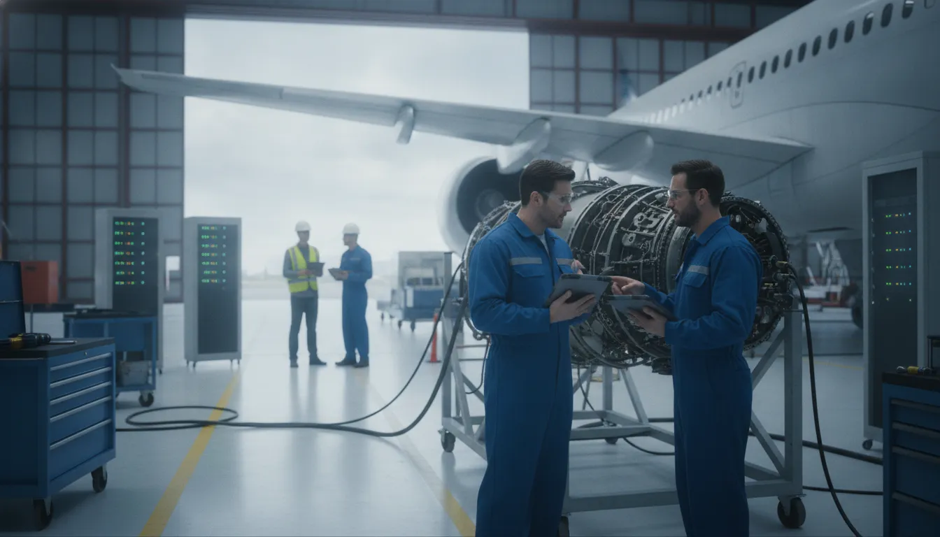 Aviation maintenance team coordinating cloud-connected inspection work in a hangar