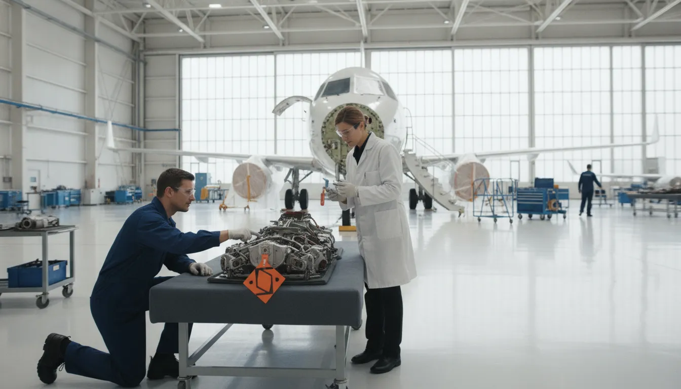 Aviation maintenance engineers inspecting an aircraft component during lifecycle tracking