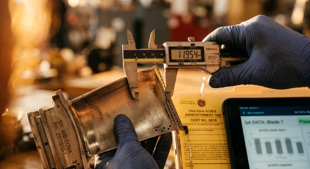 Técnico realizando la inspección de componentes aeronáuticos con calibre y registro trazable en tablet
