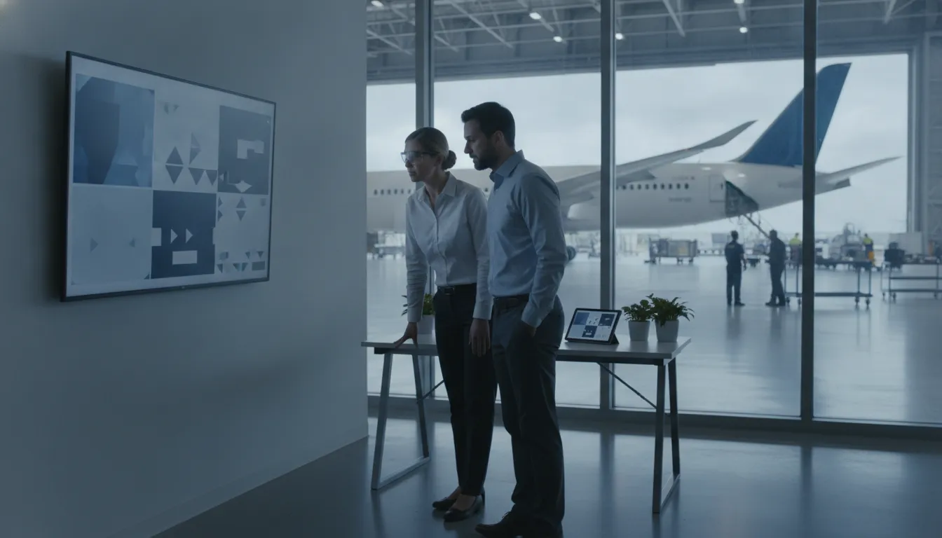 Aeronautical engineer and airline records manager reviewing a controlled digital document library