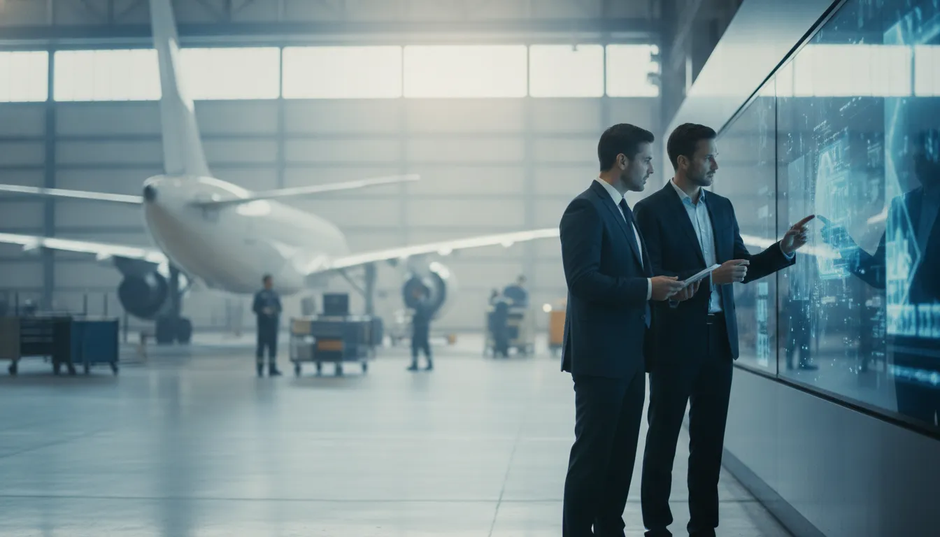 Aviation maintenance leaders reviewing fleet performance data in a hangar