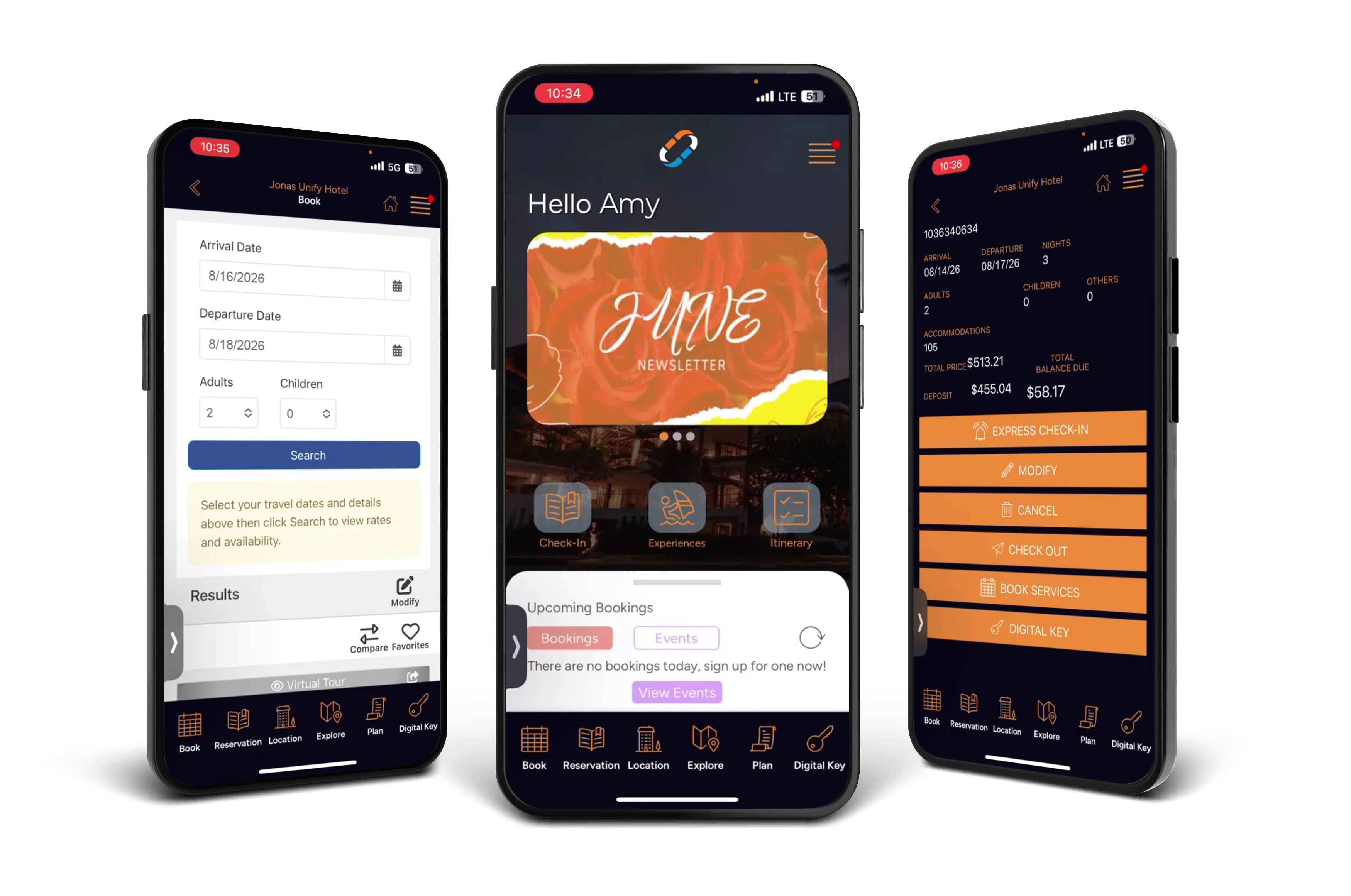 3 mobile devices showing Unify Mobile App features