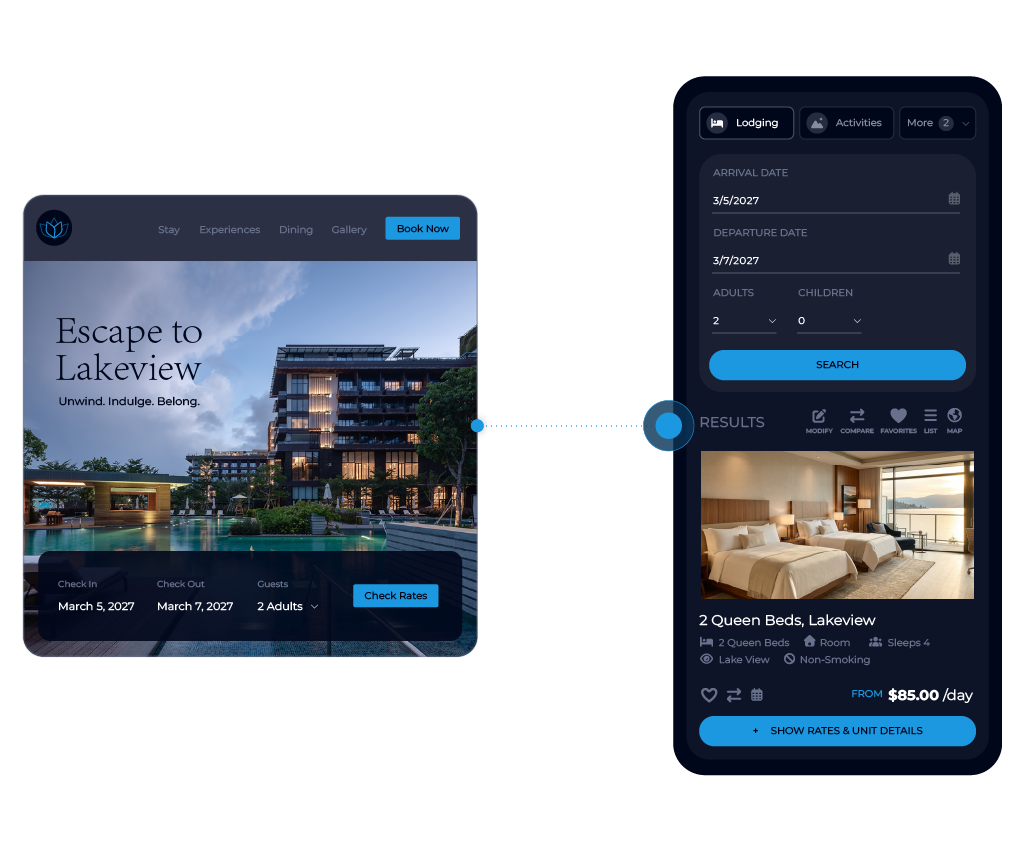 Graphic showing integrated example of website to mobile booking capabilities for Unify OBE
