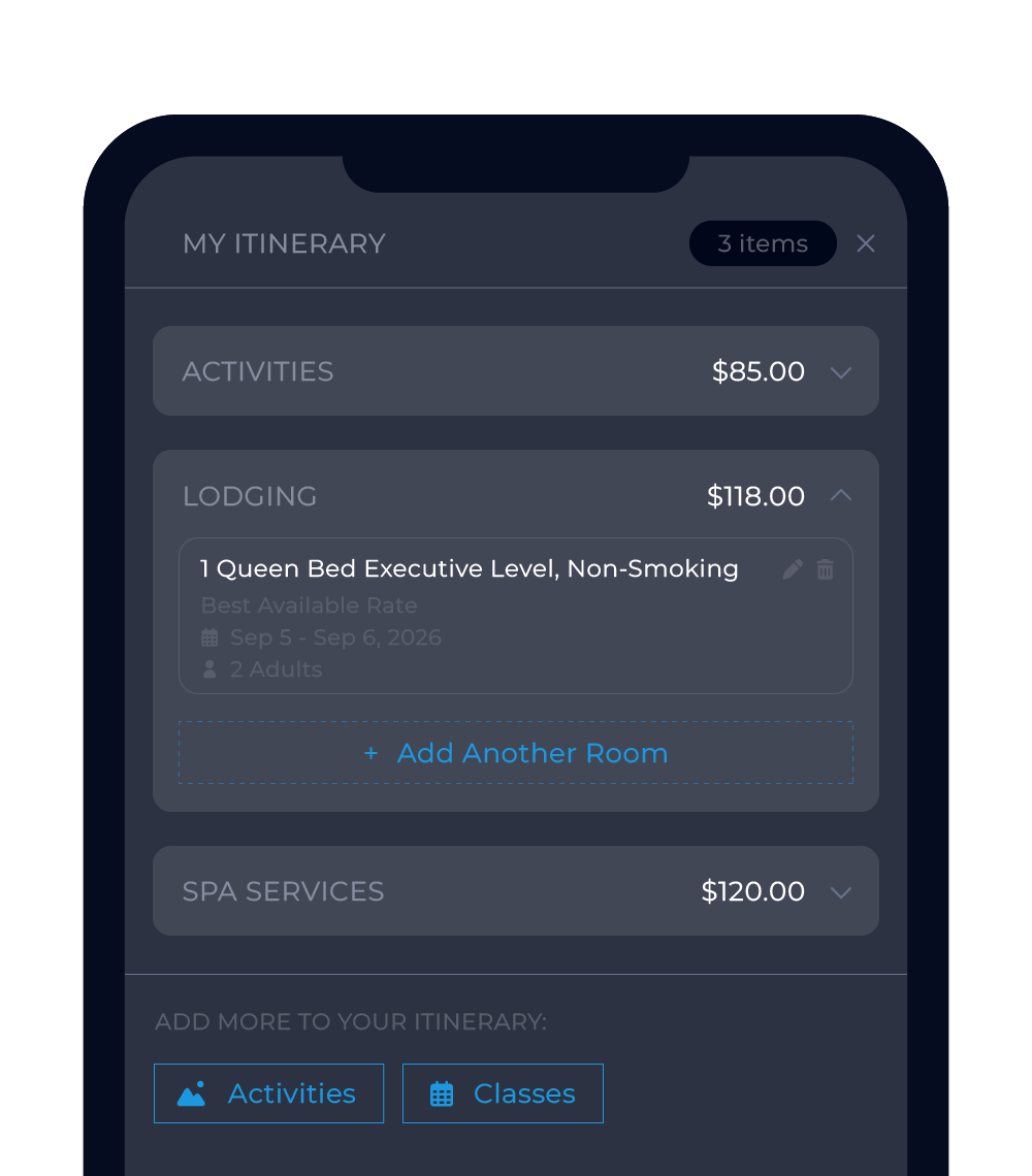Unify OBE checkout example showing booking for activities, lodging, and spa services