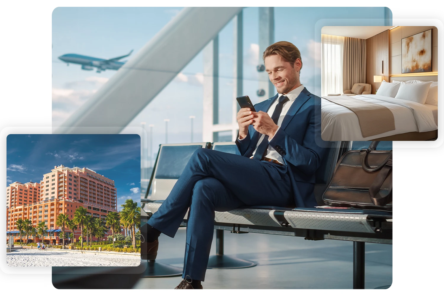 Business traveler making hotel reservation on smartphone device