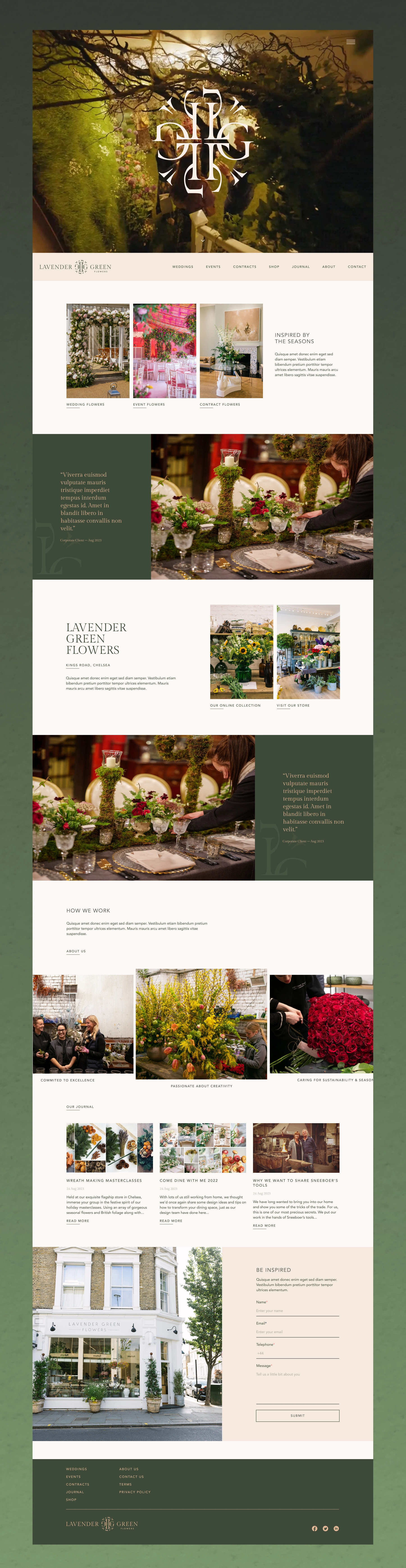 Lavender Green Flowers website homepage showing floral arrangements, event setups, and shop information.