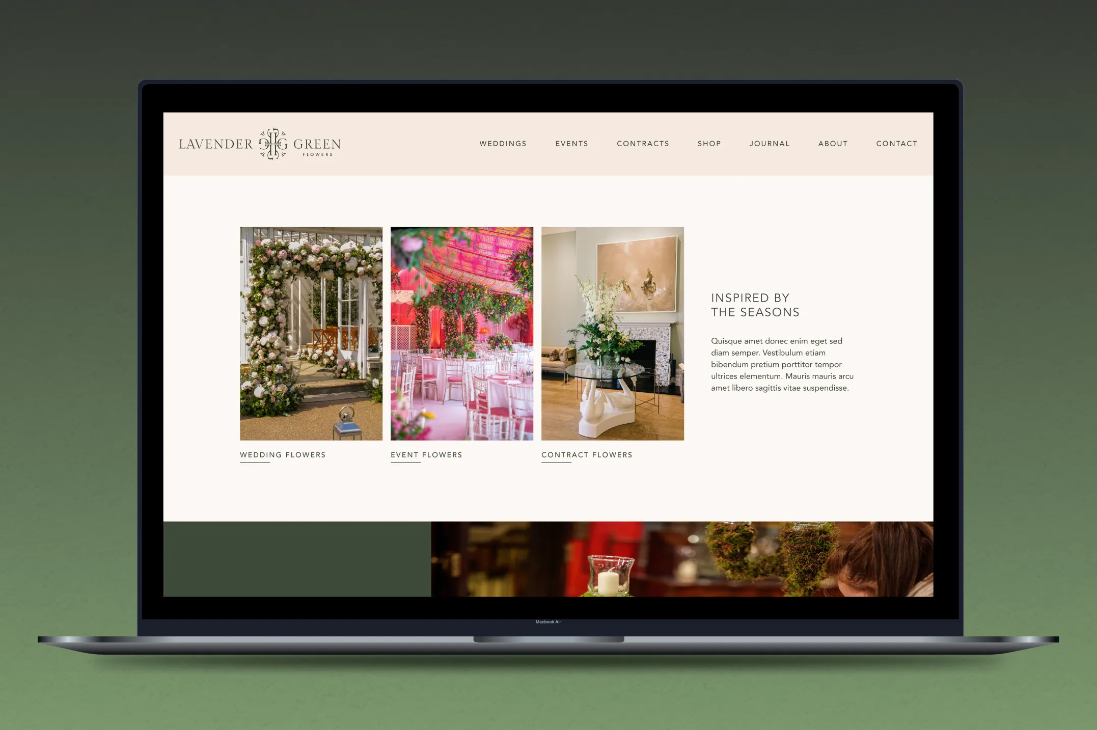 Website homepage for Lavender Green Flowers showing sections for wedding, event, and contract flowers alongside text inspired by the seasons.