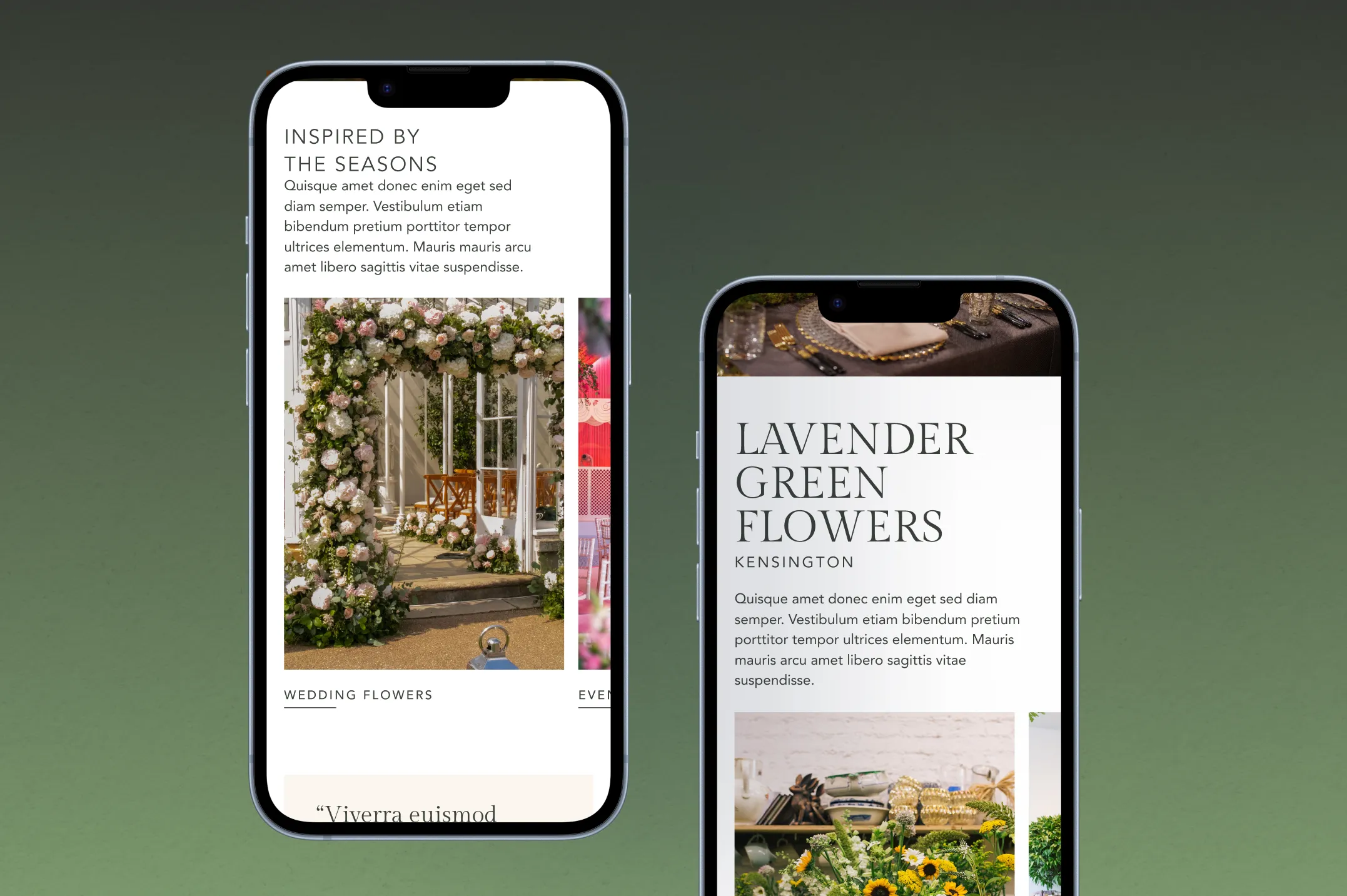Website homepage for Lavender Green Flowers showing sections for wedding, event, and contract flowers with corresponding images and a text block titled 'Inspired by the seasons'.