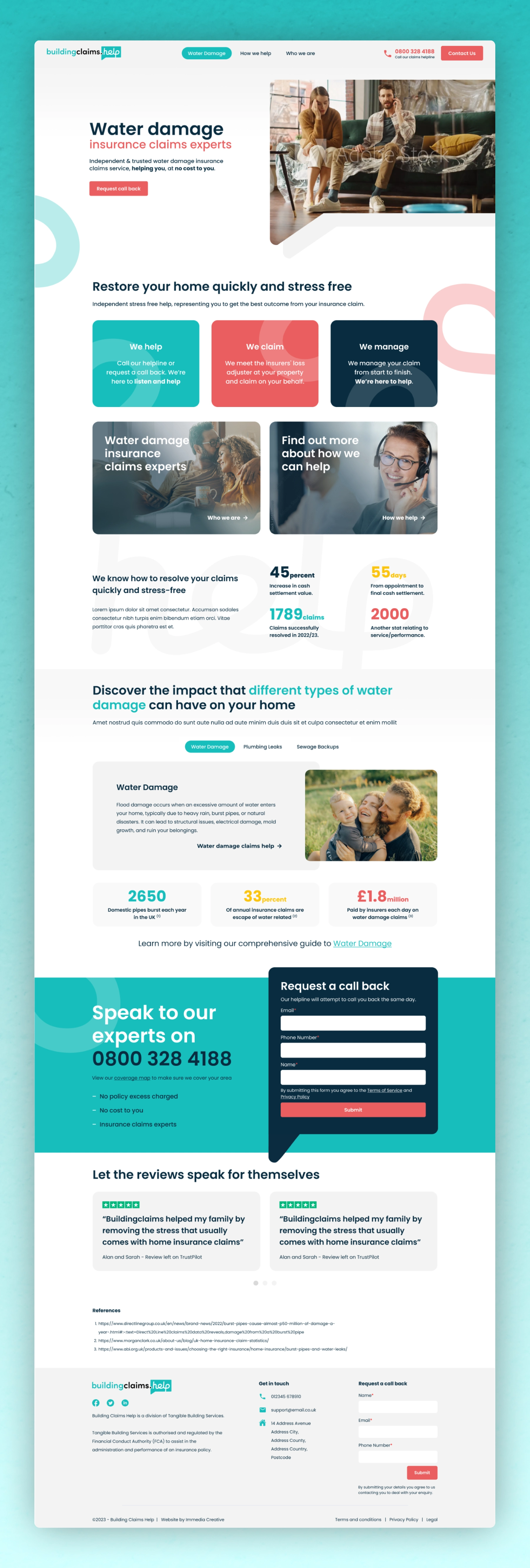 Website homepage showing water damage insurance claims experts services with sections on help, claims, management, statistics, customer reviews, and contact form.