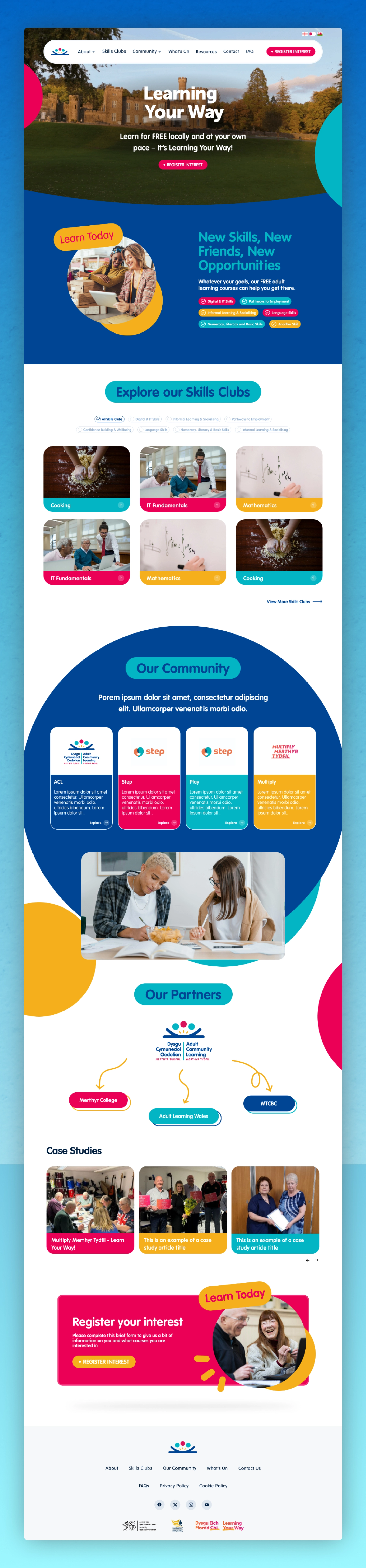 Website homepage showcasing a learning program with sections on skills clubs, community partners, case studies, and a register interest call-to-action featuring diverse people studying and collaborating.