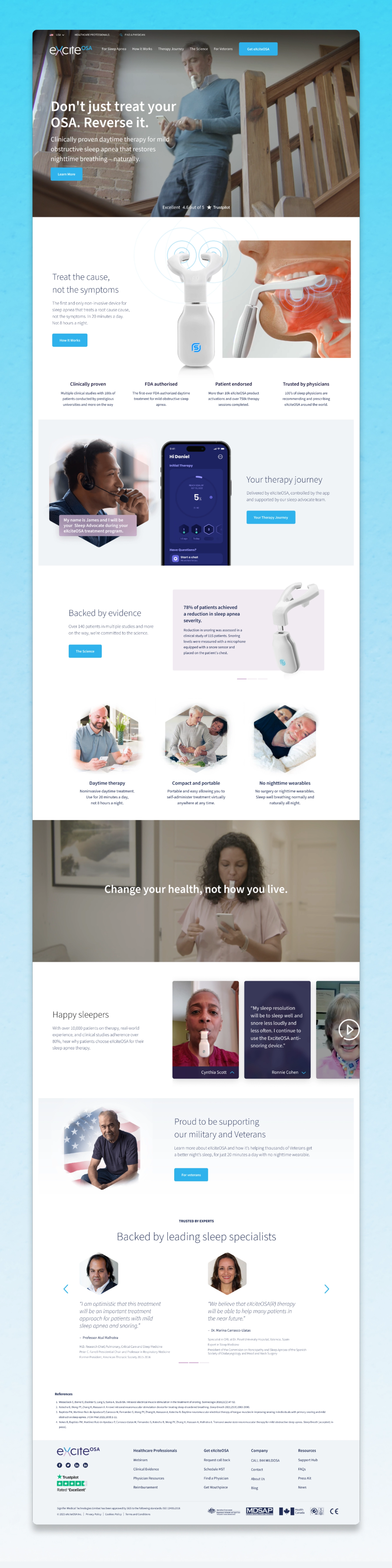 Webpage showing ExciteOSA device for obstructive sleep apnea therapy, with sections on treatment benefits, patient support, therapy app, and expert endorsements.