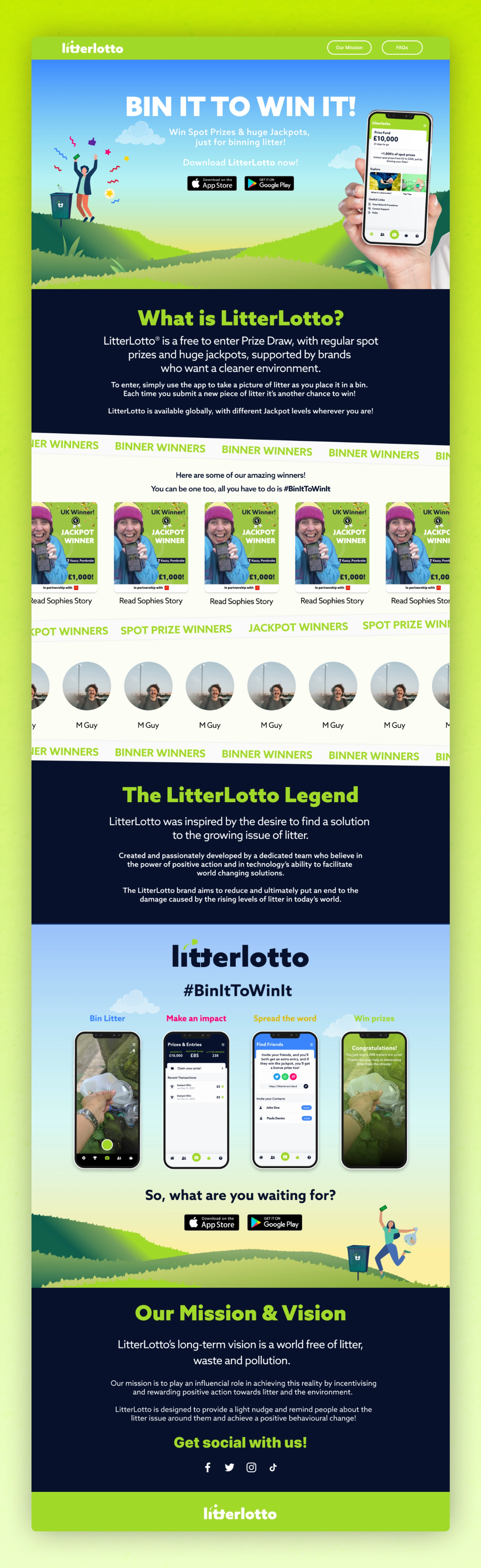 LitterLotto app promotion showing a hand holding a smartphone with the app, a person happily binning litter, winner announcements, app features, mission, and social media icons on a green and blue background.