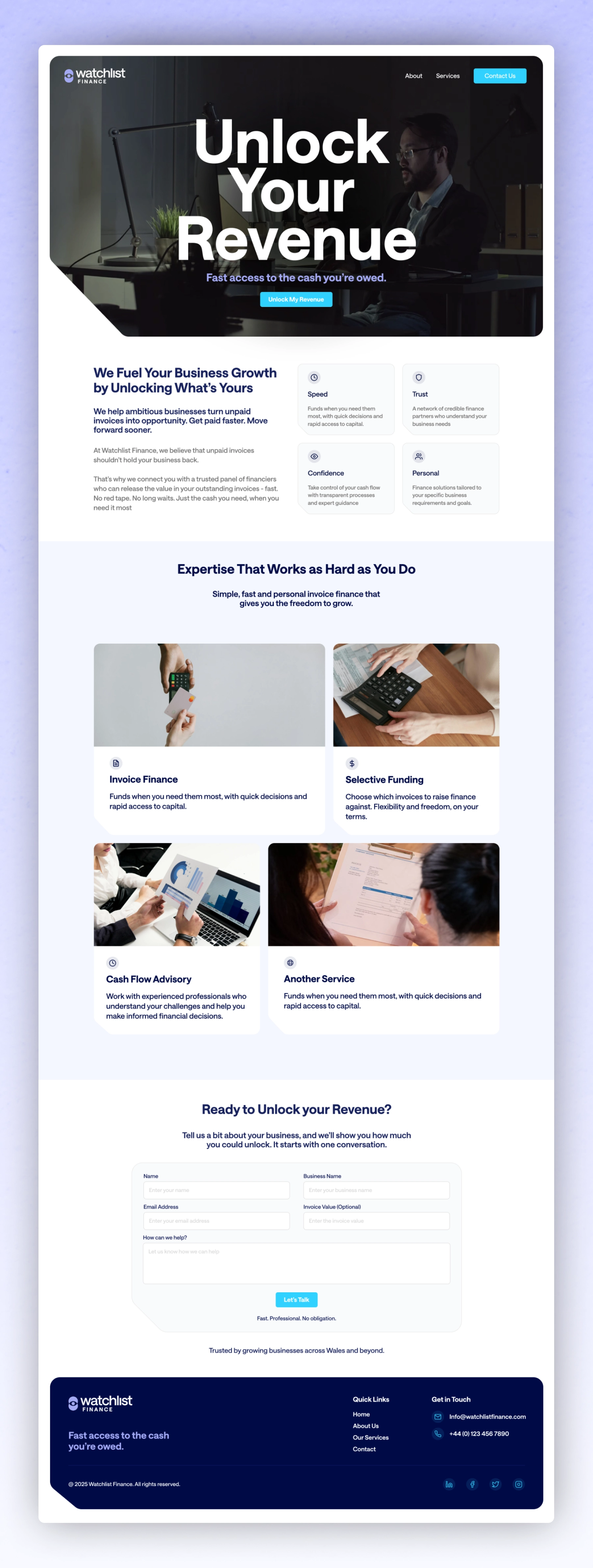 Watchlist Finance webpage with header text 'Unlock Your Revenue' and sections describing business growth solutions, invoice finance, selective funding, cash flow advisory, and a contact form for unlocking revenue.