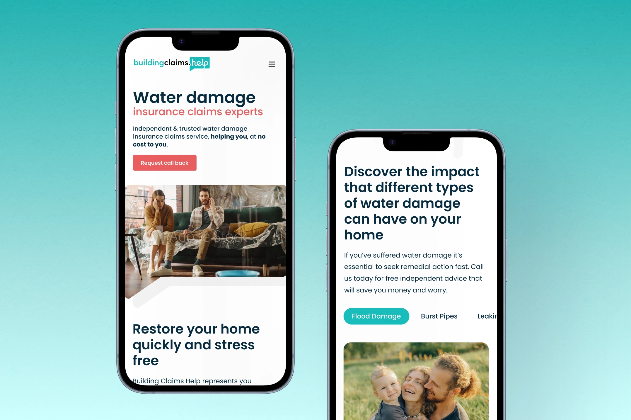 Two smartphones display a water damage insurance claims website with sections about expert help, restoration, and types of water damage.