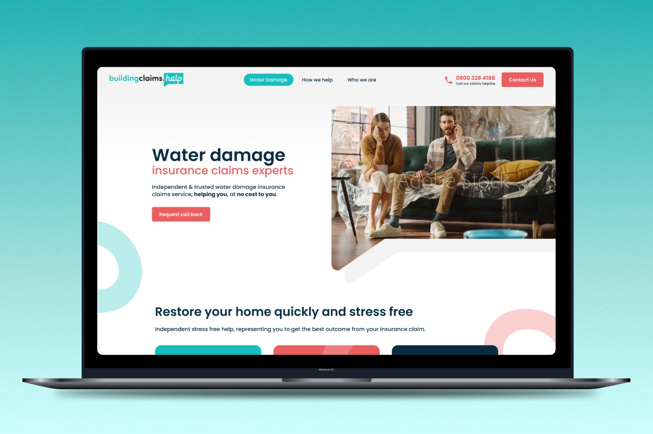 Website homepage on a laptop screen showing water damage insurance claims experts with a photo of a worried couple sitting on a covered sofa.