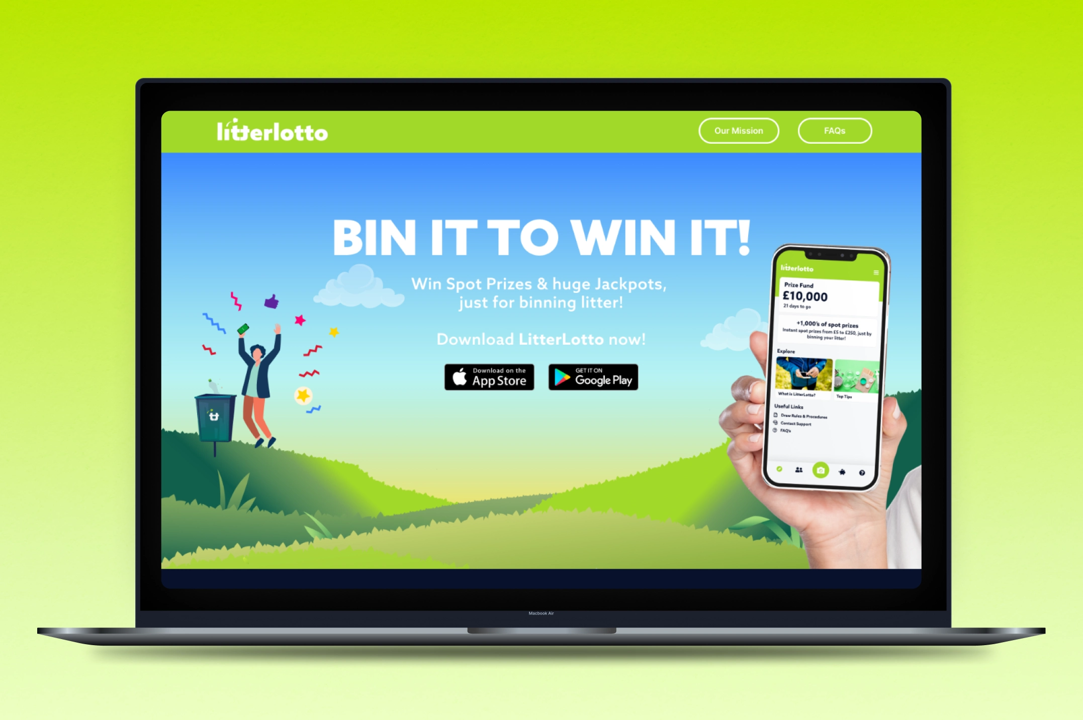 Laptop screen showing LitterLotto app promotion with tagline 'BIN IT TO WIN IT!' and a hand holding a phone displaying the app interface.