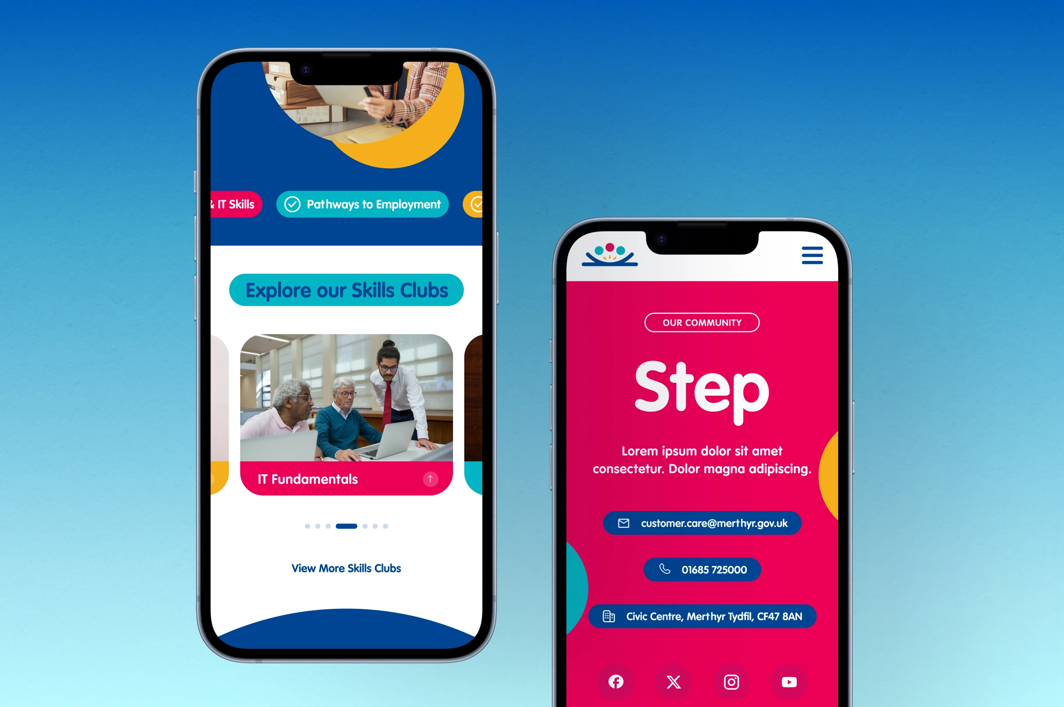 Two smartphones showing a community skills club website with sections on IT fundamentals and contact details.