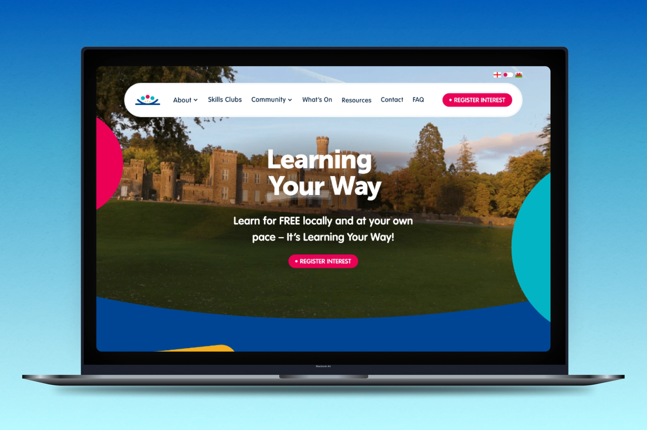 Laptop displaying a website homepage with a castle background and text reading 'Learning Your Way' and a pink 'Register Interest' button.