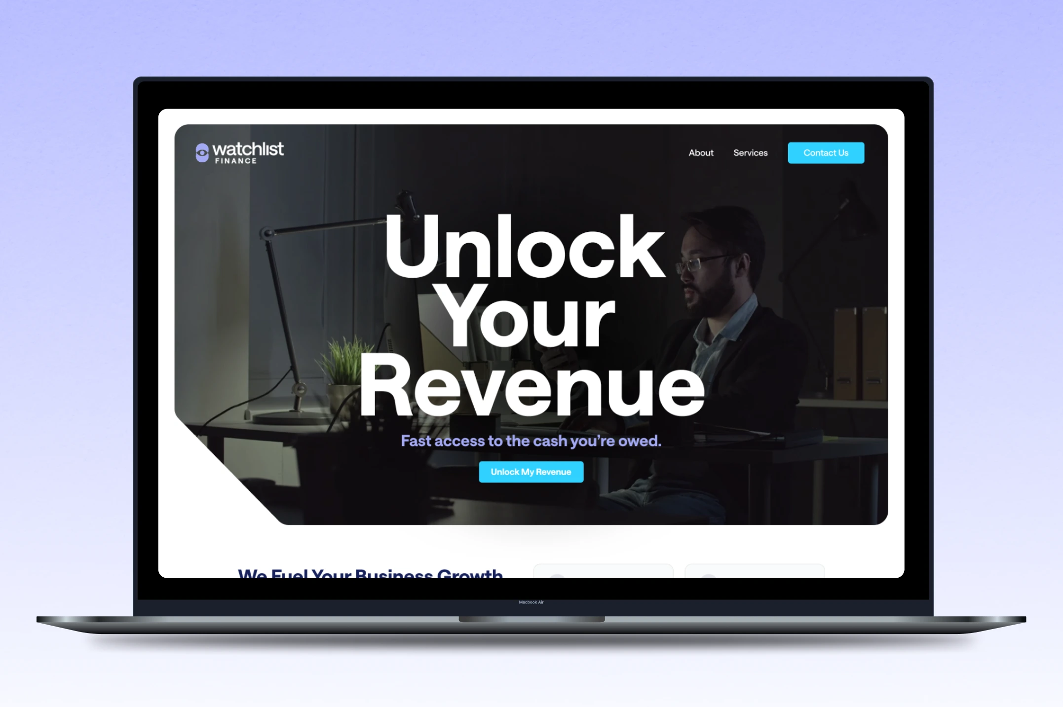Laptop screen displaying Watchlist Finance website with text 'Unlock Your Revenue' and a man working at a desk in the background.