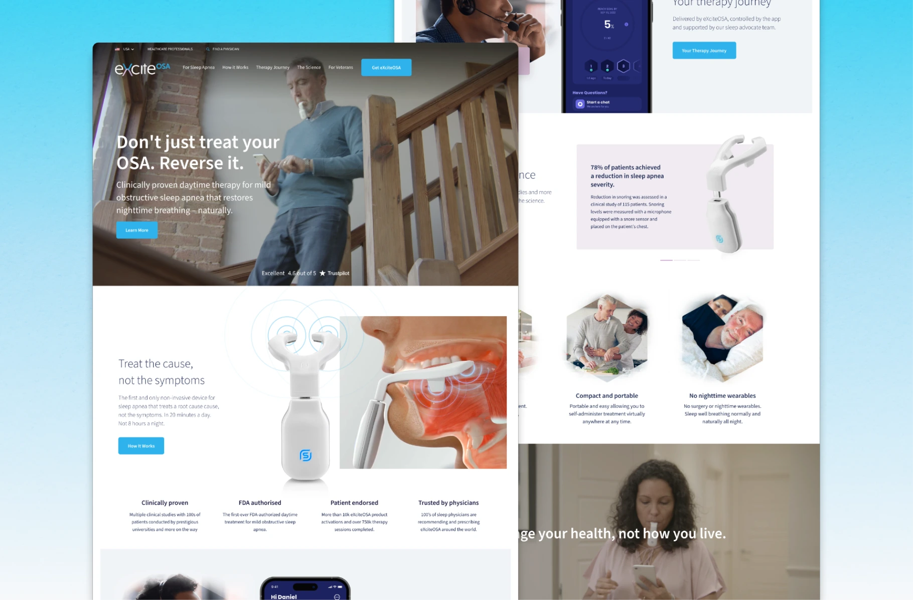 Website homepage of eXciteOSA showing a man using a device for sleep apnea therapy and product details including its non-invasive device that treats the root cause in 20 minutes a day.