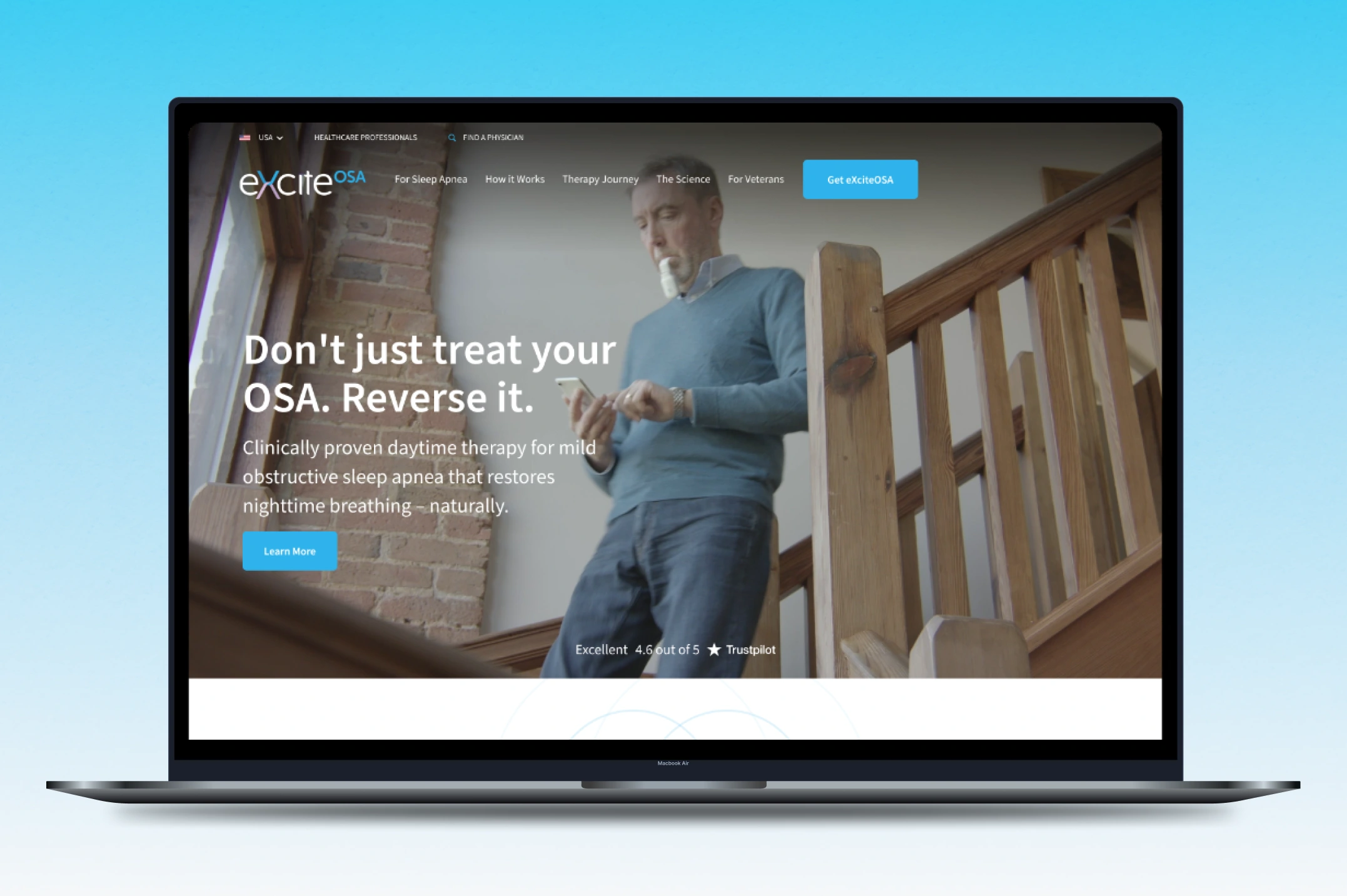 Laptop screen showing an advertisement for eXciteOSA, a therapy device for mild obstructive sleep apnea, featuring a man using the device while checking his phone.