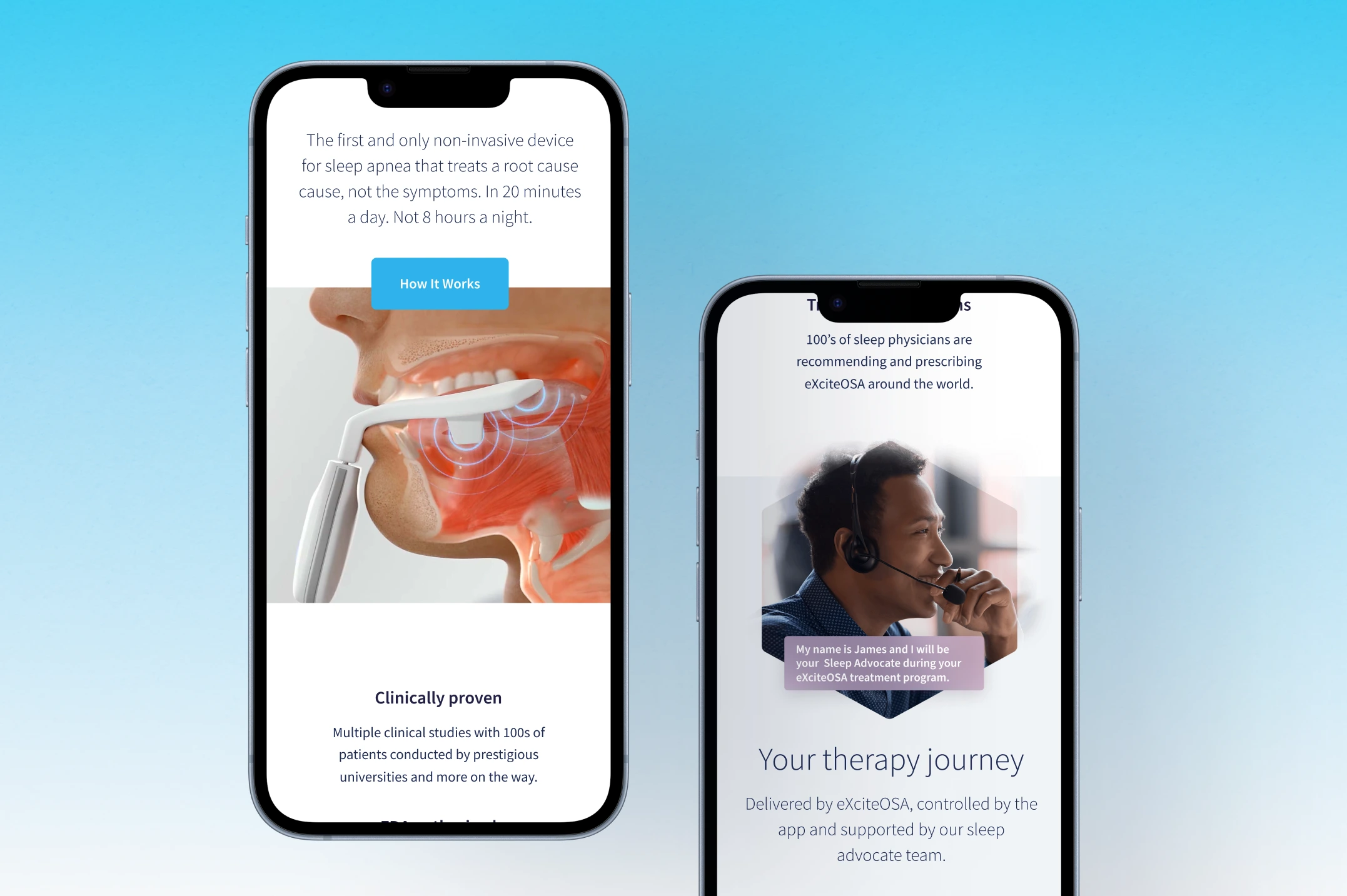Two smartphones displaying a sleep apnea treatment app, one showing a device in the throat and the other a man with a headset introducing sleep advocate support.
