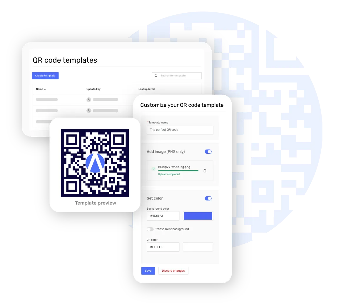 •	A screenshot showing a user interface for the Accutics template building for creating and customizing QR codes. 
