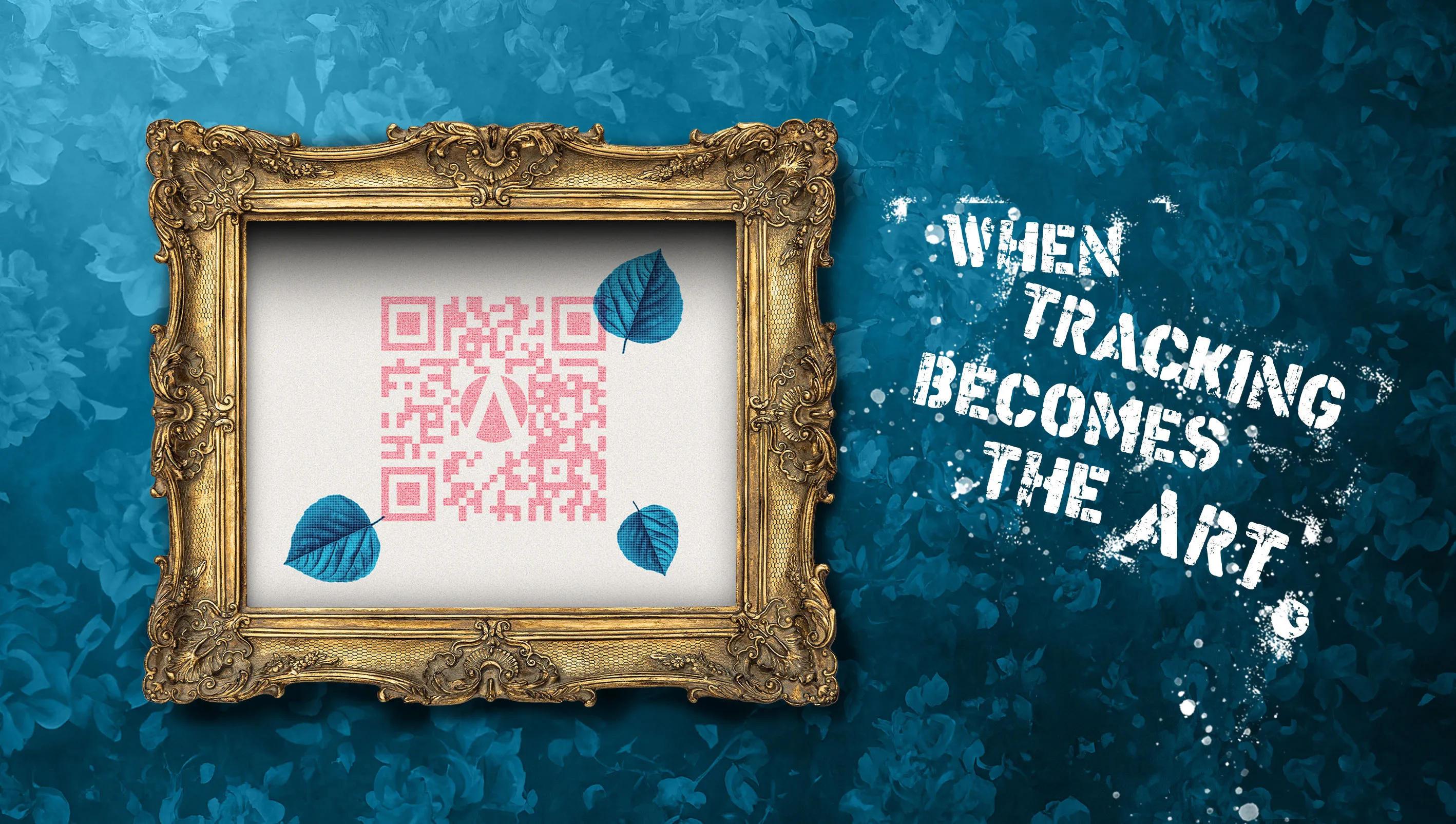 A framed image with a QR code and the text 'When tracking becomes the art.' The background is a blue wall with a textured pattern. This image demonstrates the power of 360-degree tracking with Accutics Standardize, bridging the online-offline gap..