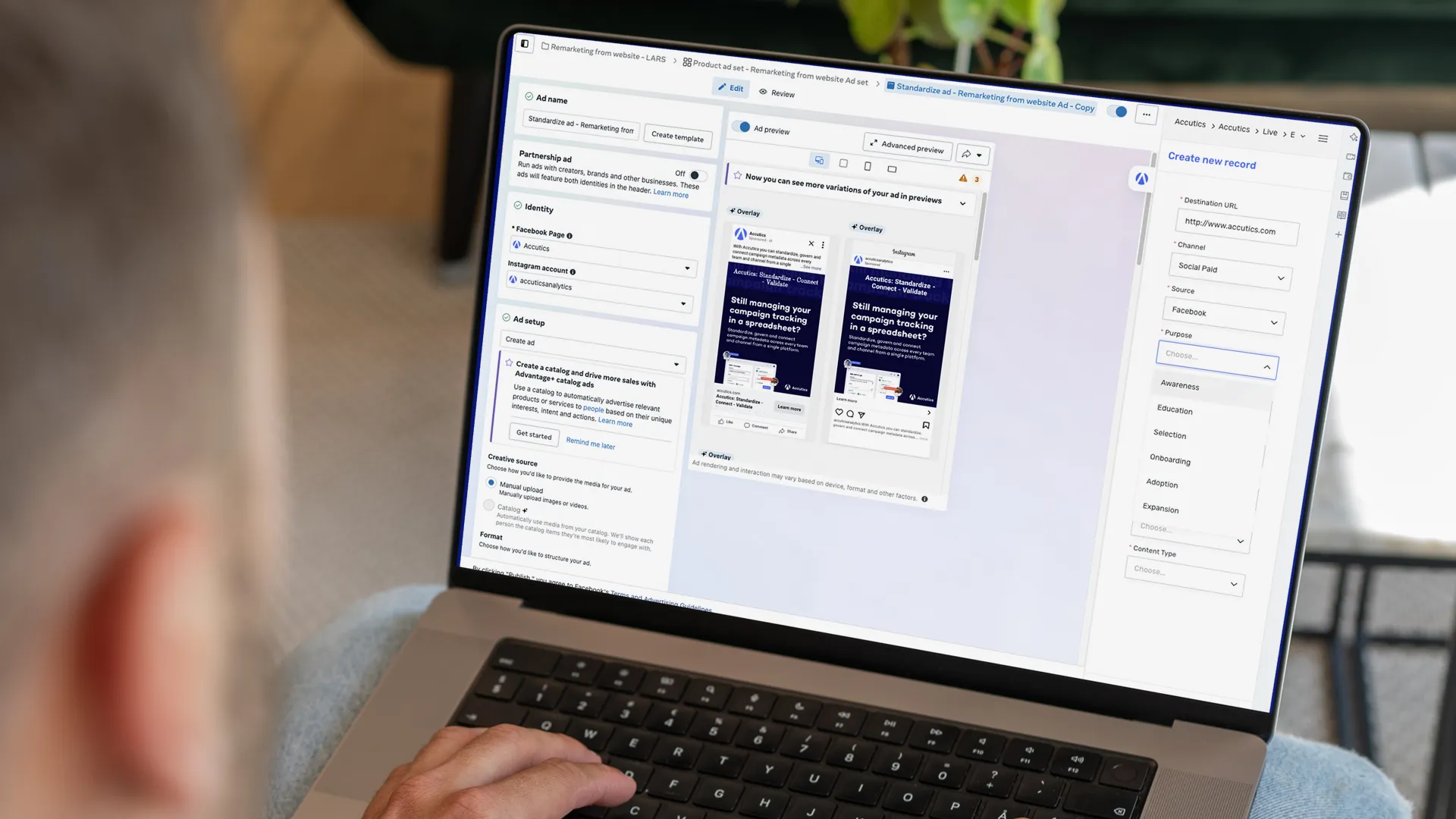A close-up of a laptop displaying Accutics Standardize that simplifies  marketing naming conventions and collaboration. The user is entering data into a form with fields for campaign IDs, performance reporting, and creative assets.