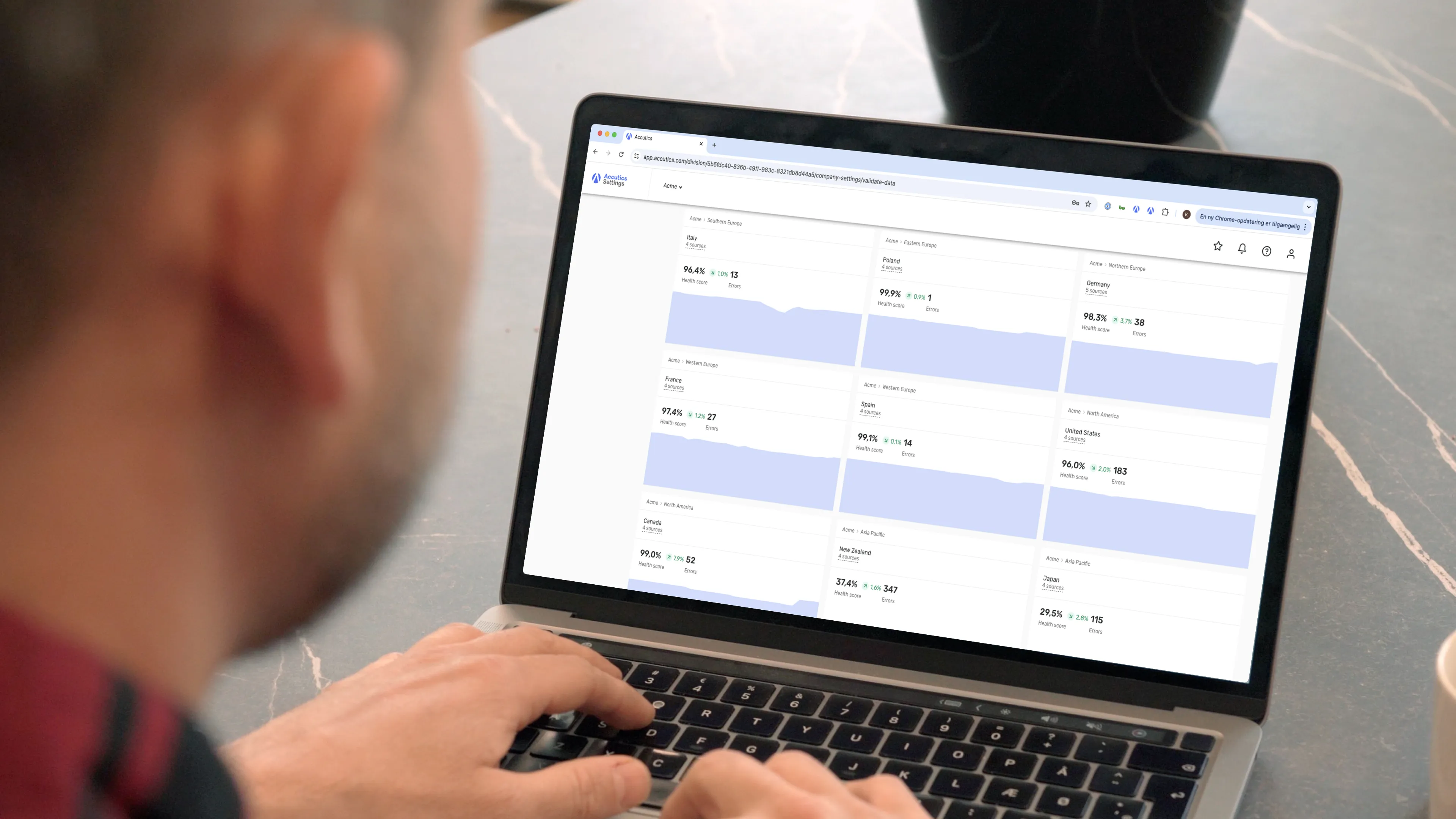 A laptop screen displaying a data dashboard with marketing metrics and charts. The data completeness dashboard shows  data eported globally but validated and maintained by local teams, in one simple flow thanks to Accutics Validate.