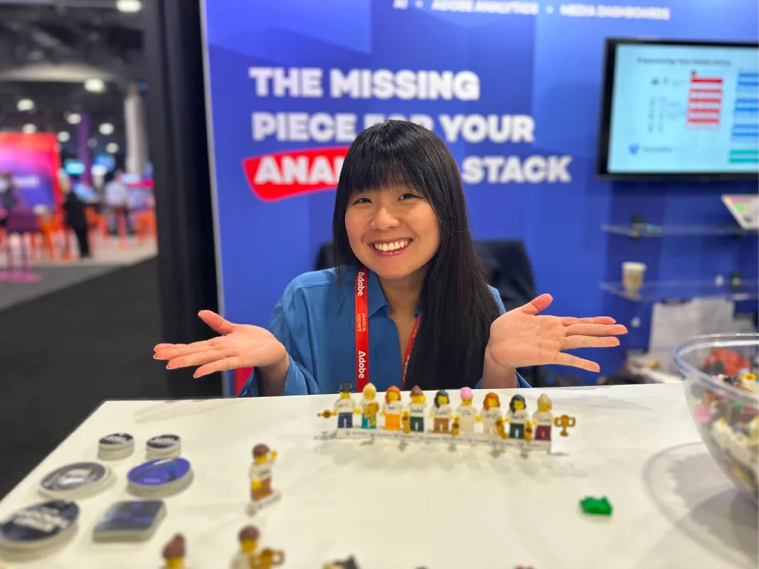 A woman building Lego bricks and a showcase some of the Accutics partners around the world. 