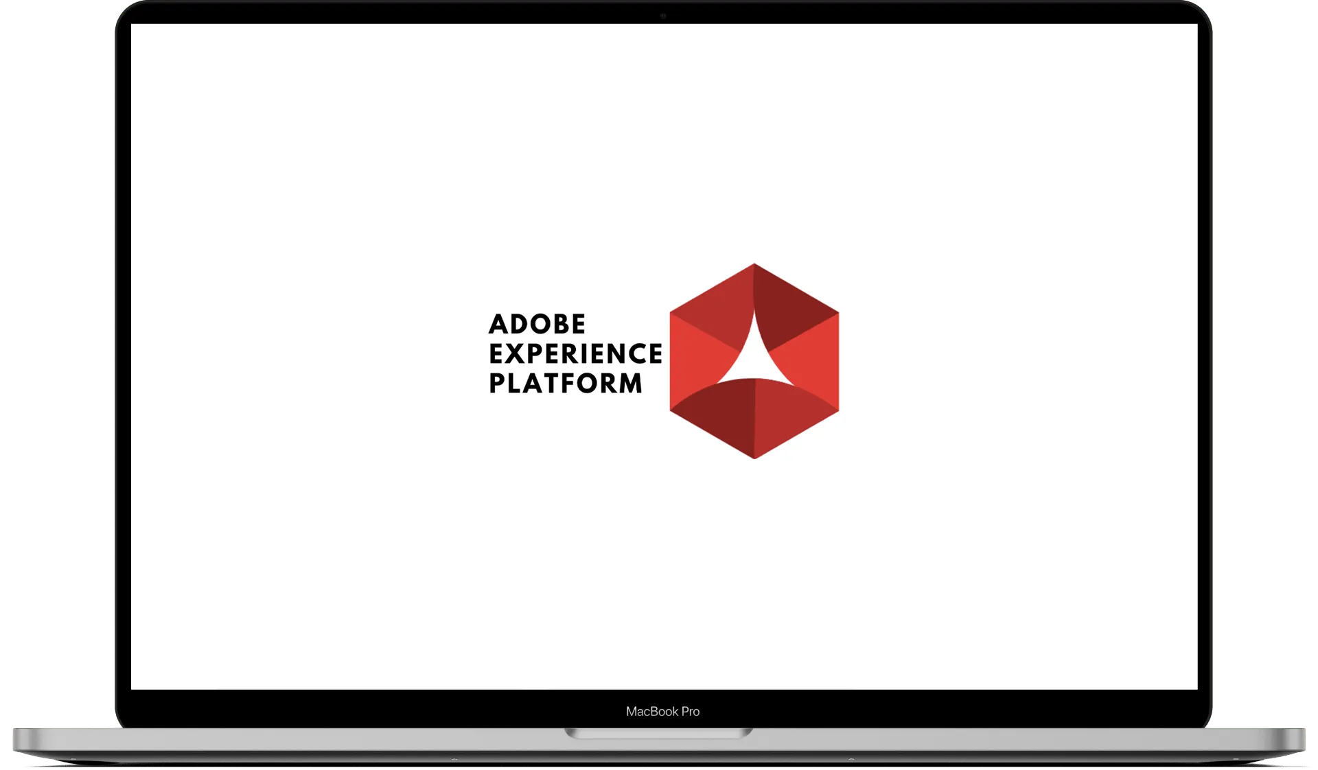 A laptop view displaying the Adobe Experience Platform logo on a white background, suggesting the synergies between the Accutics platform and AEP: Adobe Analytics, Adobe Customer Journey Analytics, Adobe Real-Time Customer Data Platform (RTCDP). 