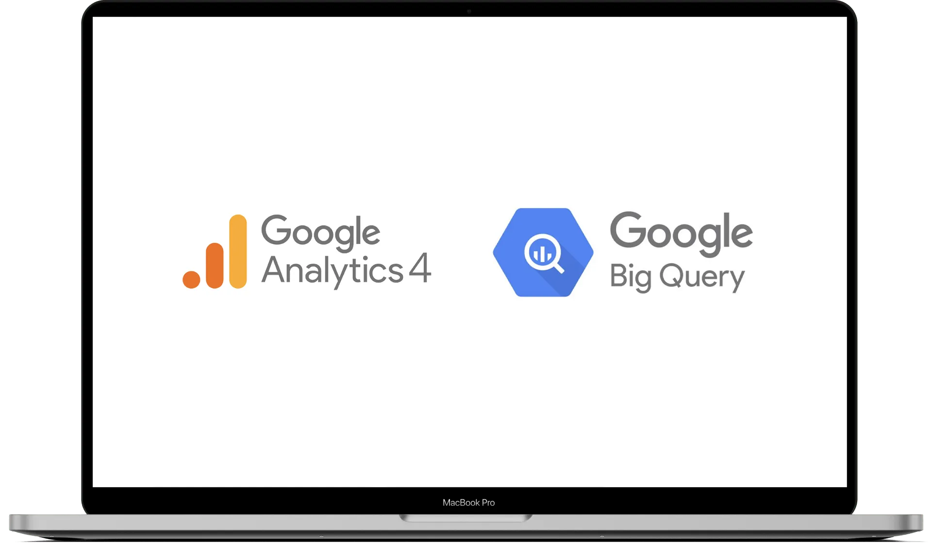  A laptop view displaying the GA4 and Google BigQuery logos on a white background, suggesting the synergies between the Accutics platform and the Google Stack.