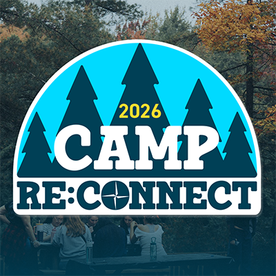 Blue and white CampReconnect logo over an image of trees and people sitting at a picnic table. There is a dark blue gradient starting at the bottom of the image.