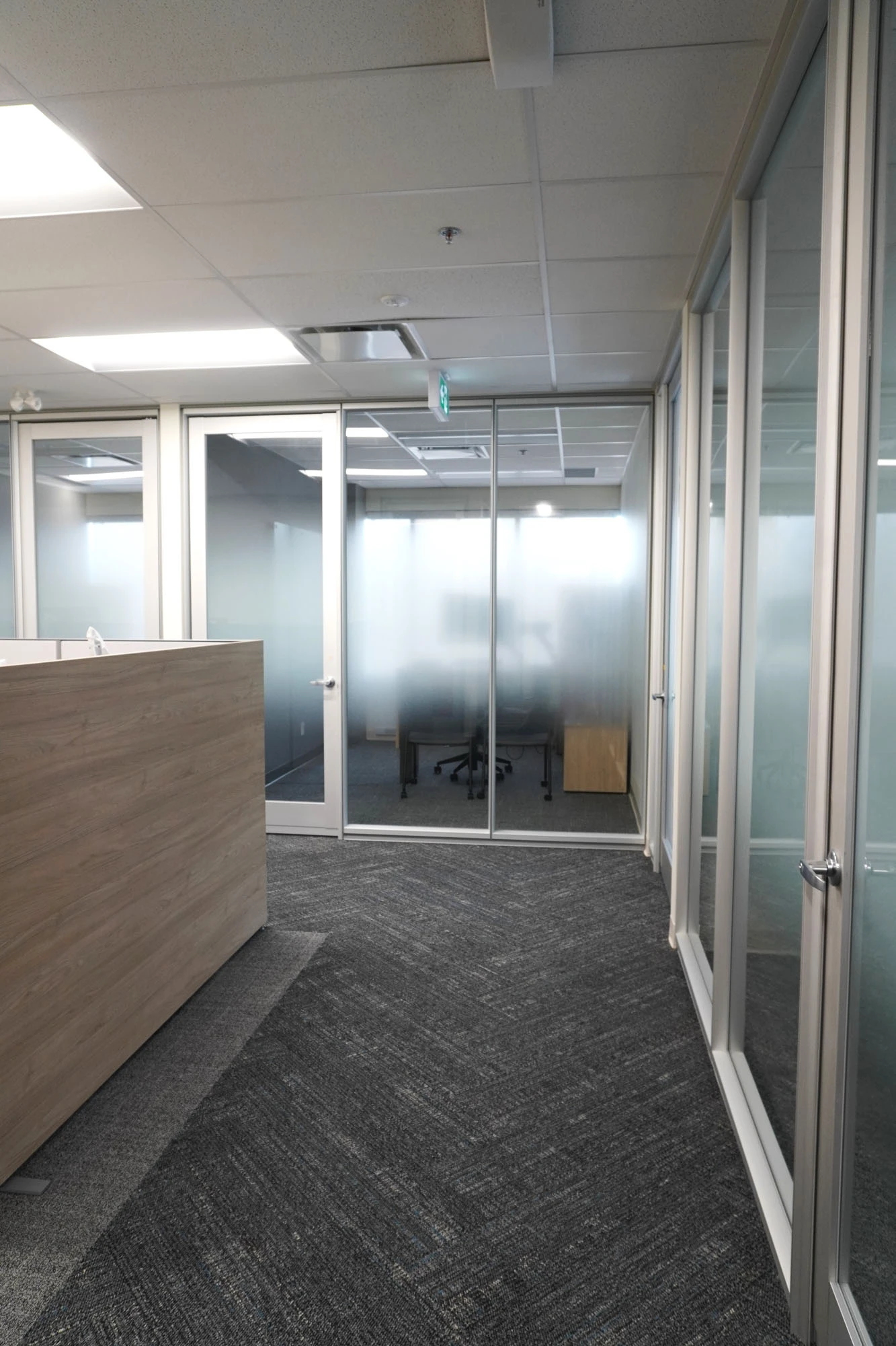 Corporate reception desk and hallway with glass windows and doors leading into individual offices