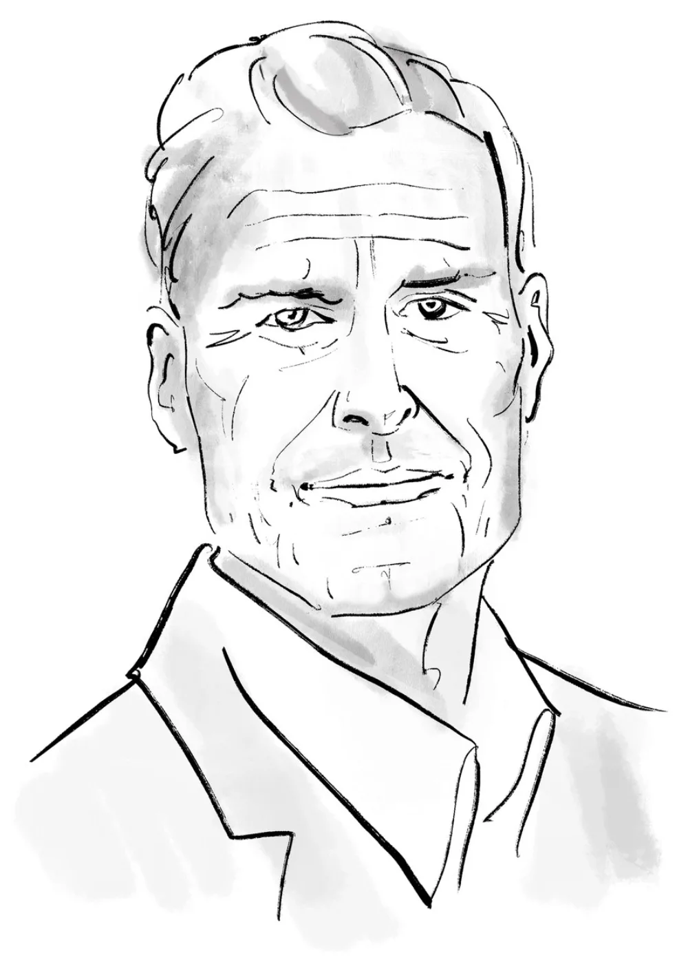 Illustriertes Porträt eines älteren Mannes mit hoher Stirn und tiefen Denkerfalten.