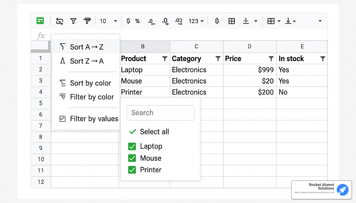 Filter view toolbar in action on an embedded Google Sheet - Google Sheet Embed with Filters and Sorting