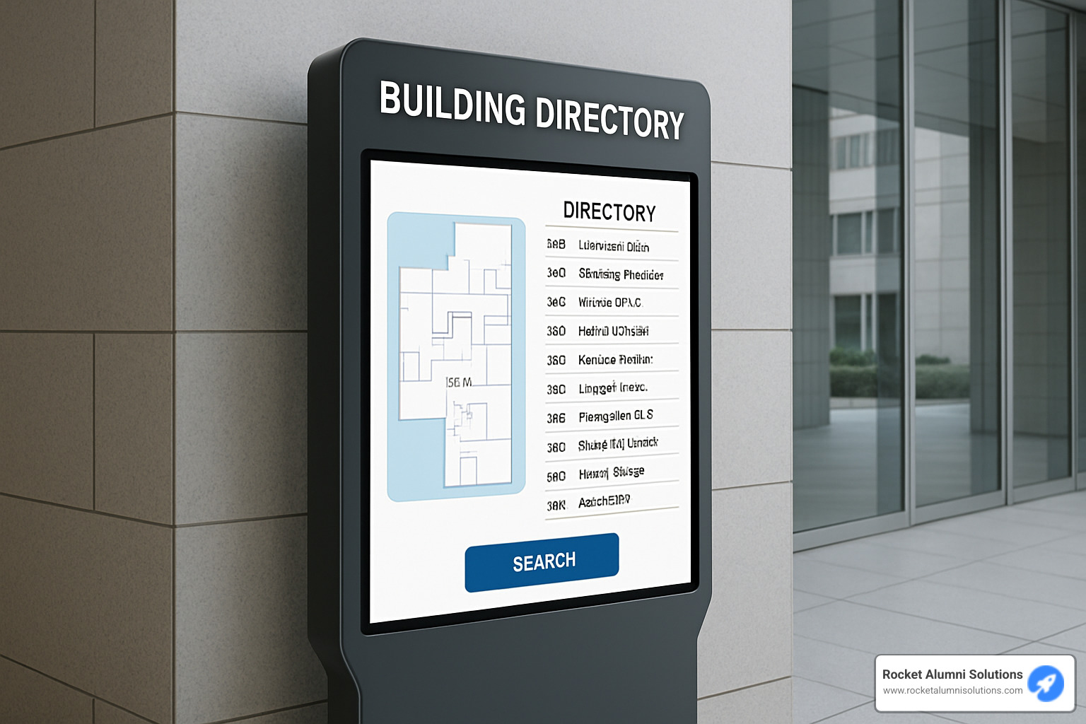digital directory kiosk in modern lobby with visitors - Building Directory Kiosk digital directory kiosk in modern lobby with visitors - Building Directory Kiosk
