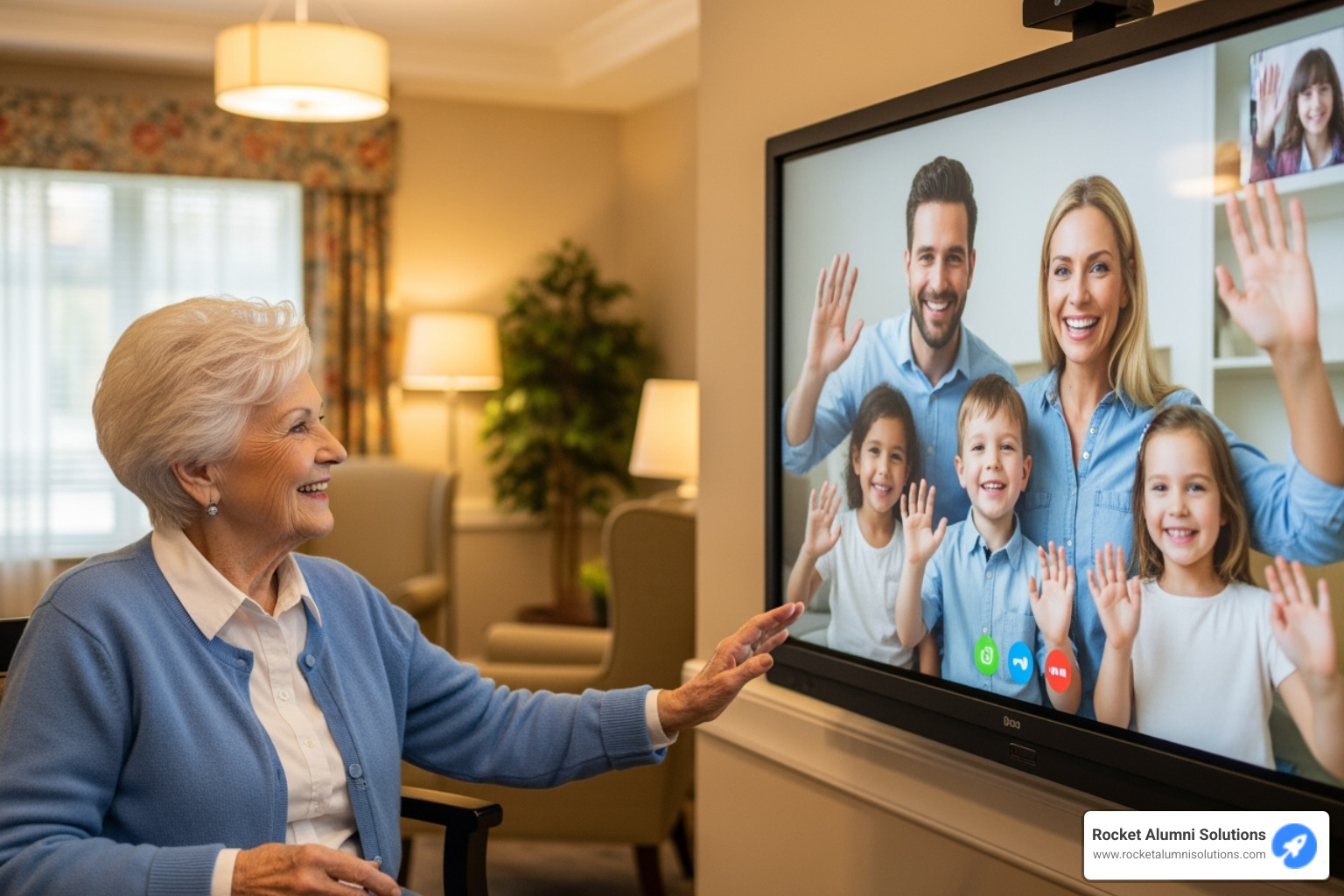 Family video-calling with a resident using a large touchscreen - Assisted Living Touchscreen
