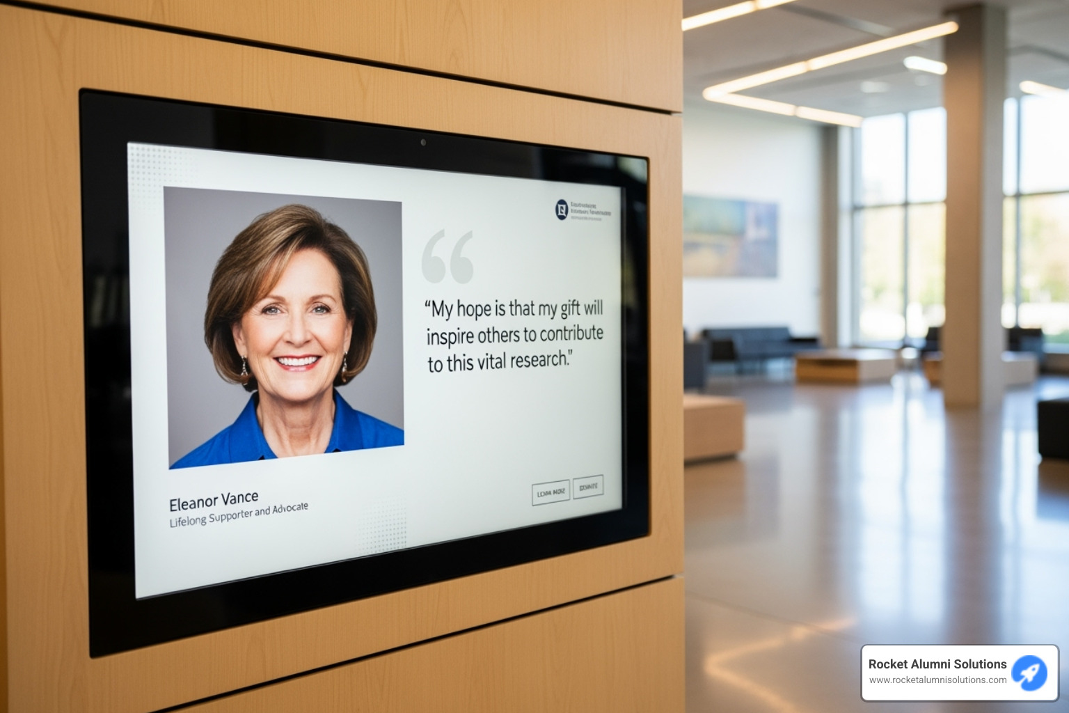 Image of an interactive touchscreen showing a donor's personal story - Digital Donor Walls
