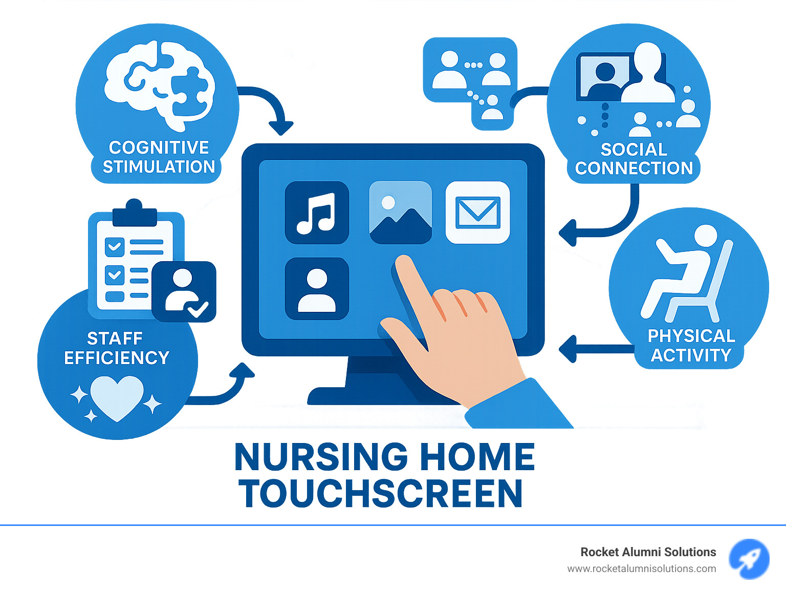 Infographic showing the comprehensive benefits of nursing home touchscreen technology including cognitive stimulation through brain games and puzzles, social connection via video calls and group activities, physical activity through guided exercises and virtual experiences, staff efficiency improvements in documentation and visitor management, and improved quality of life through personalized entertainment and communication tools - Nursing Home Touchscreen infographic Infographic showing the comprehensive benefits of nursing home touchscreen technology including cognitive stimulation through brain games and puzzles, social connection via video calls and group activities, physical activity through guided exercises and virtual experiences, staff efficiency improvements in documentation and visitor management, and improved quality of life through personalized entertainment and communication tools - Nursing Home Touchscreen infographic