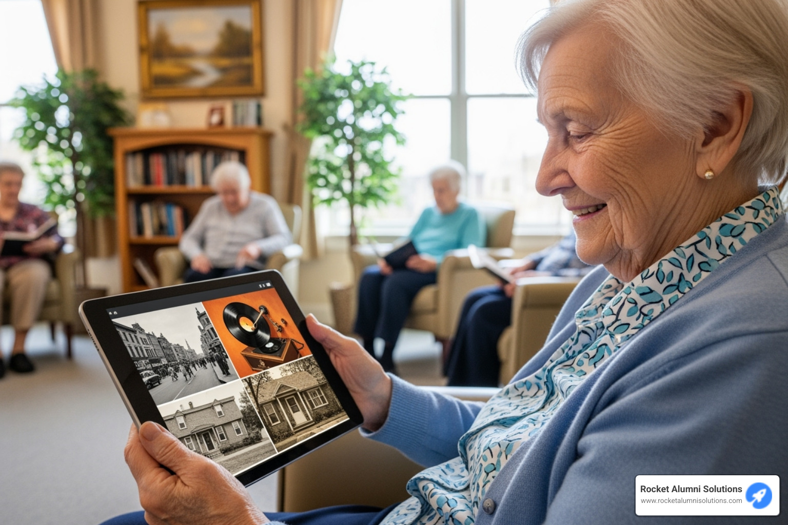 resident with dementia smiling while using a reminiscence therapy app - Nursing Home Touchscreen resident with dementia smiling while using a reminiscence therapy app - Nursing Home Touchscreen