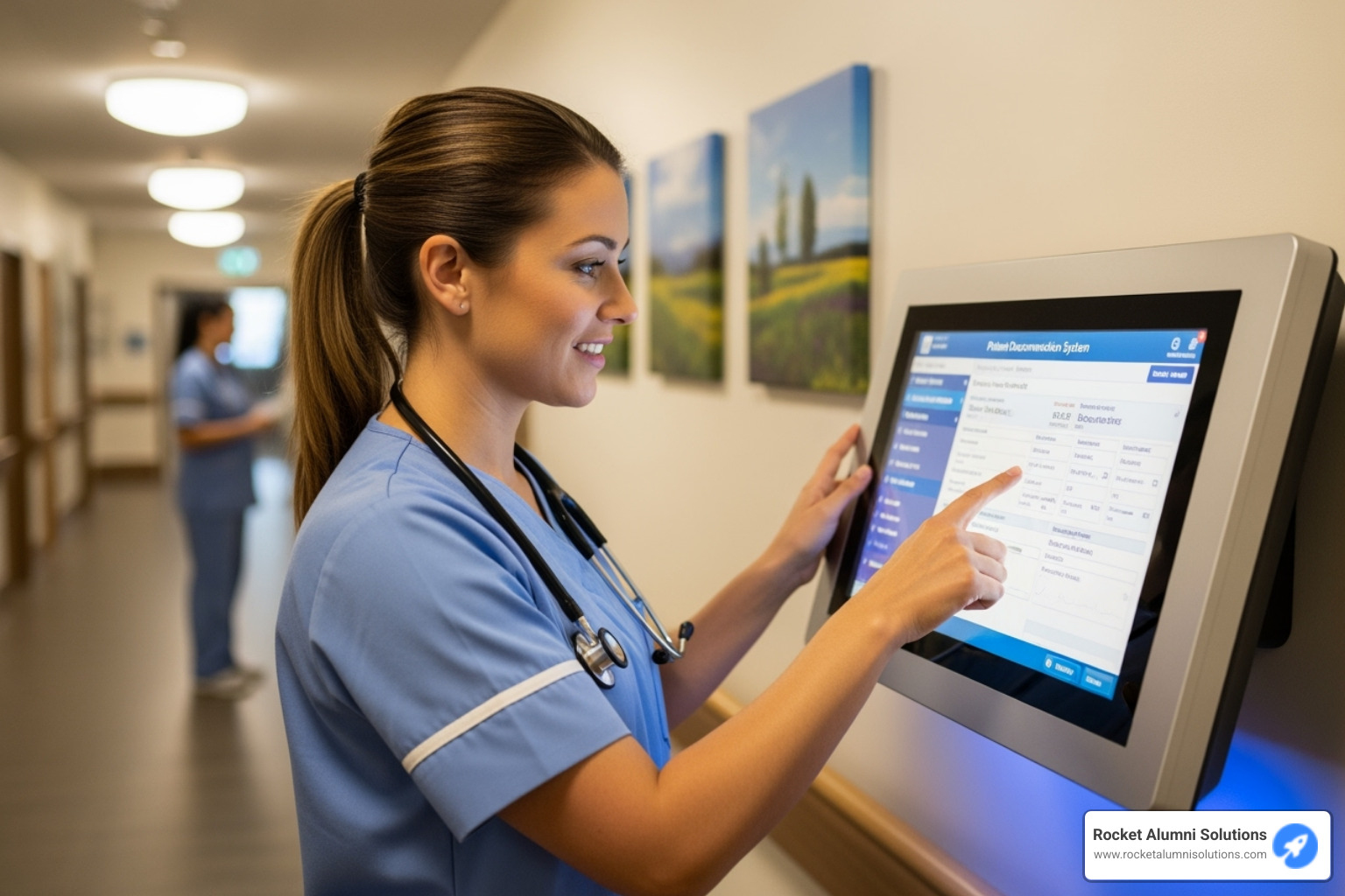 nurse using a touchscreen terminal for documentation - Nursing Home Touchscreen nurse using a touchscreen terminal for documentation - Nursing Home Touchscreen