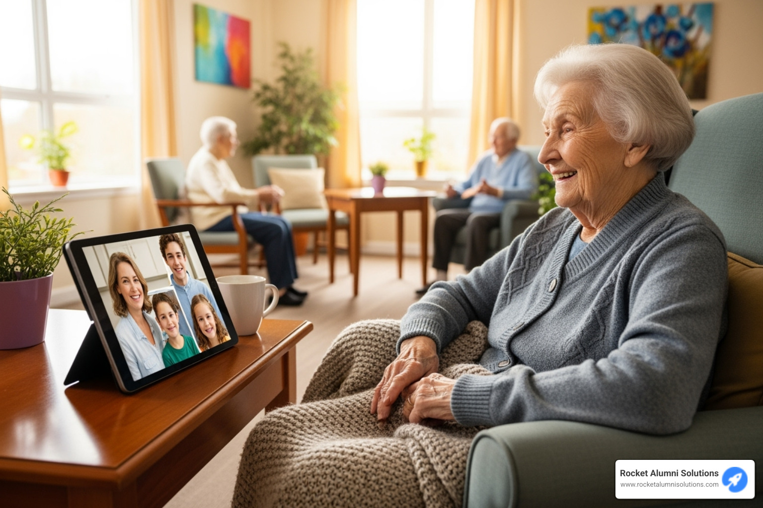 A resident video-chatting with family on a touchscreen tablet - Assisted Living and Nursing Home Touchscreen