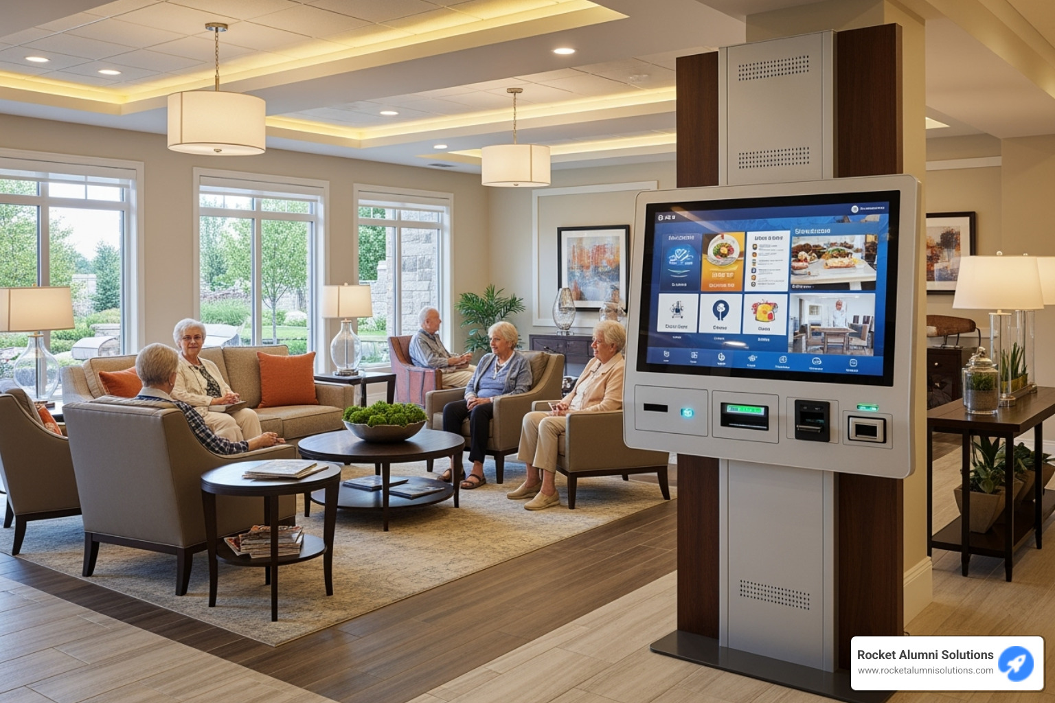 A modern, sleek touchscreen kiosk in a welcoming community lobby - Assisted Living and Nursing Home Touchscreen